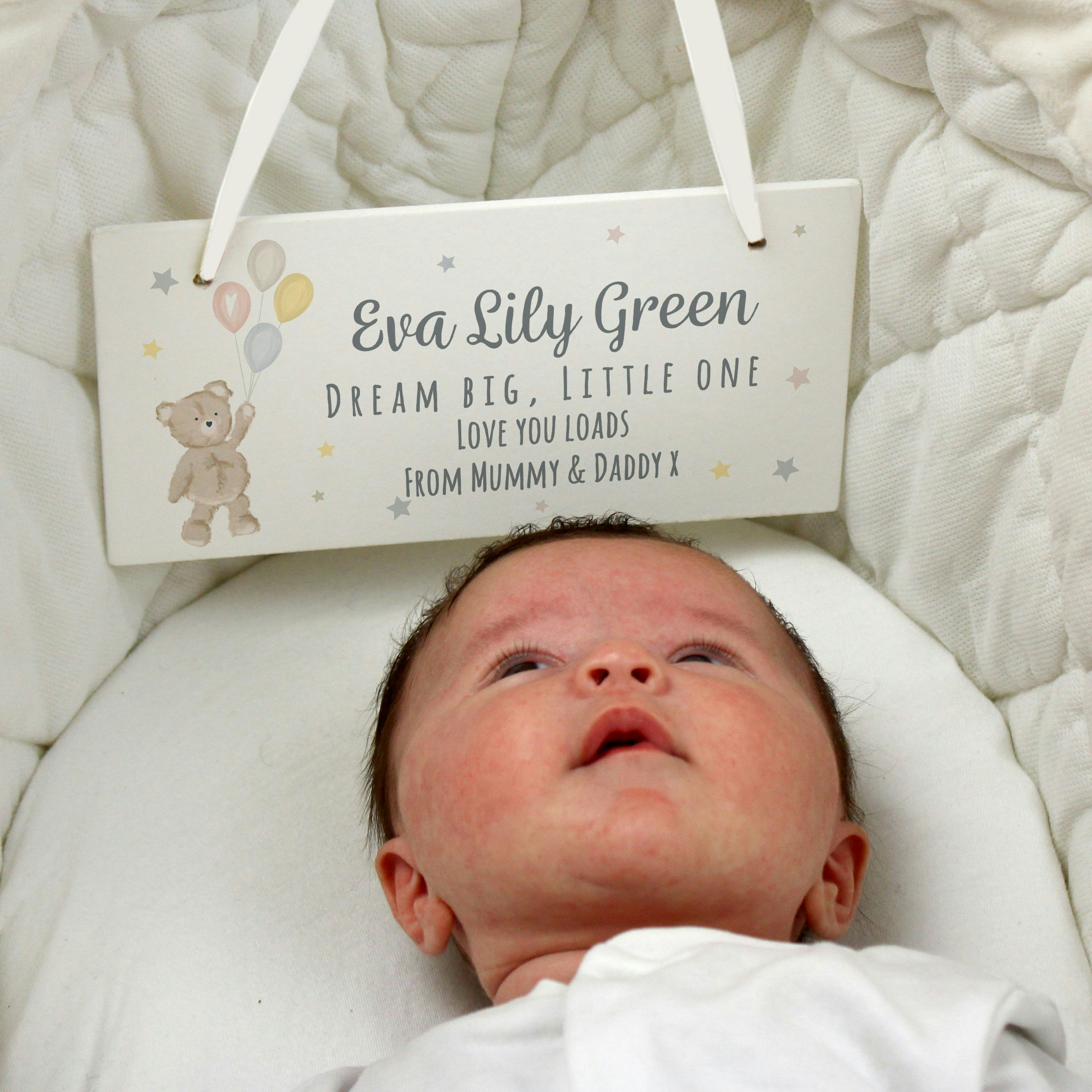 Personalised Memento Company White Personalised Teddy & Balloons Wooden Sign