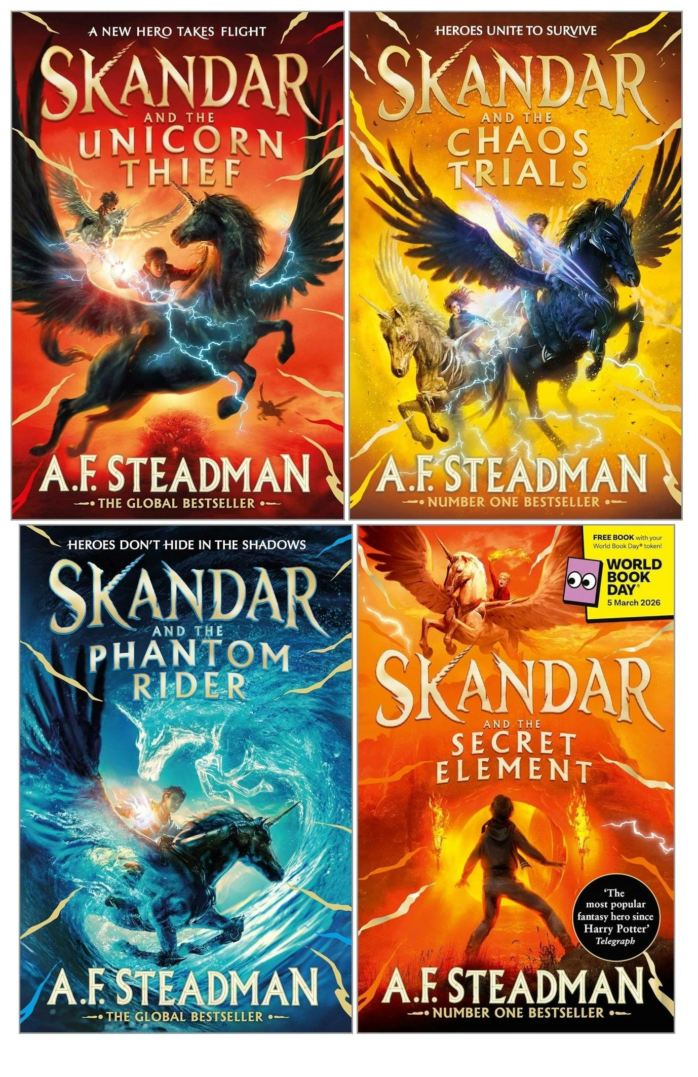 Various Publishers Skandar Series 4 Books Collection Set By A. F. Steadman (Chaos Trials, Unicorn Thief, Phantom Rider, Secret Element: World Book Day)