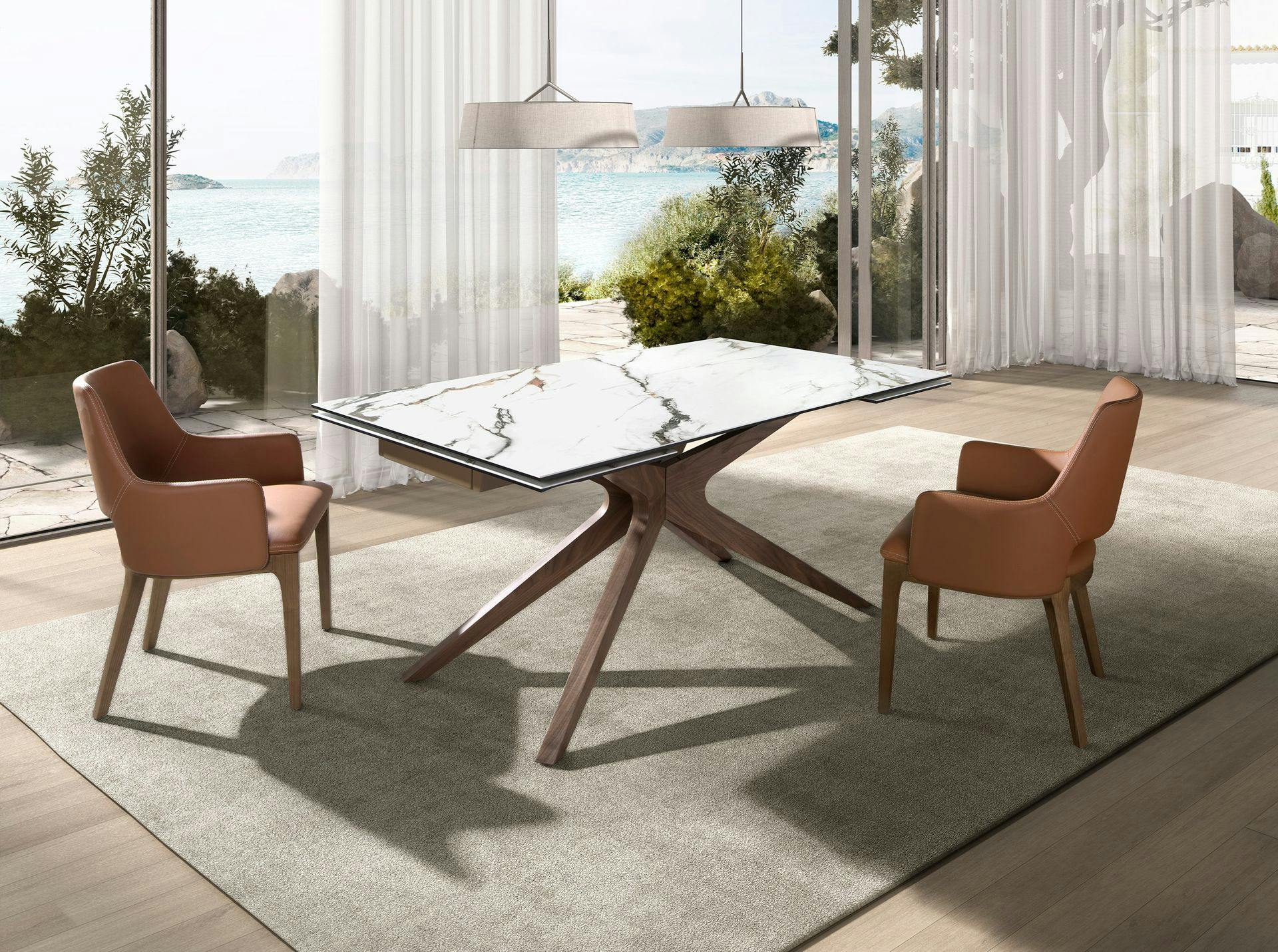 Rackhams White/Grey Rectangular Extendable Dining Table In Porcelain Marble And Walnut 1157