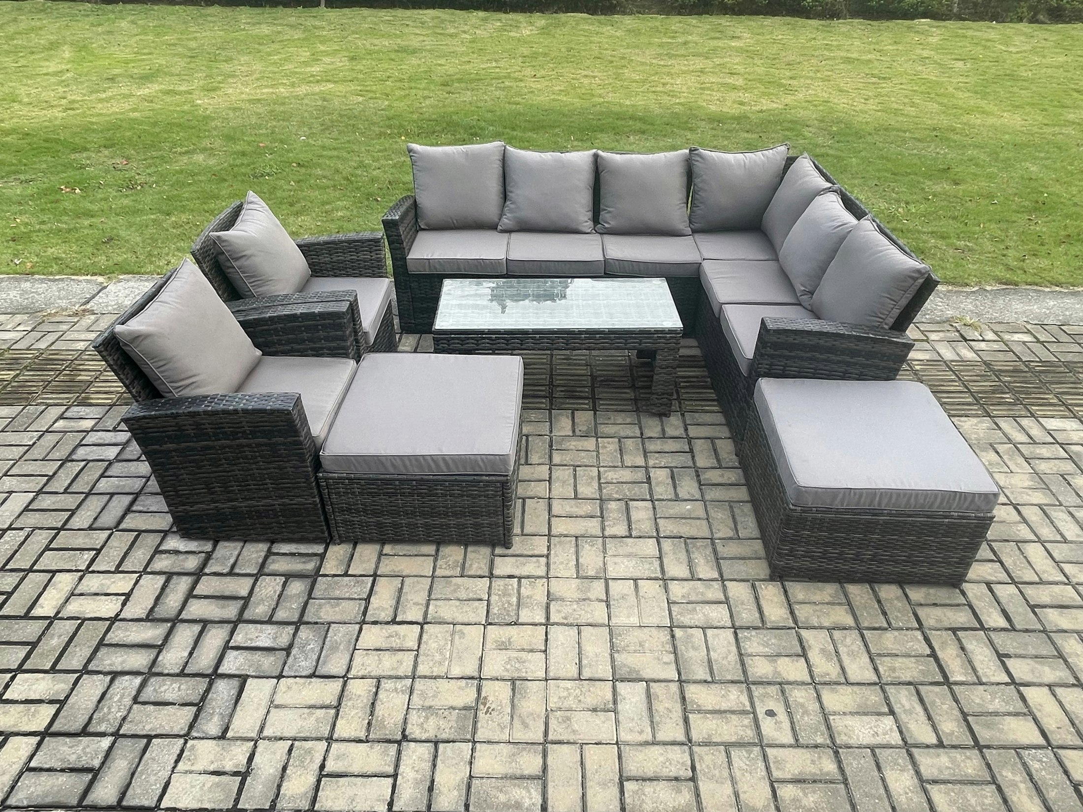 Fimous Dark/Grey Rattan Corner Sofa Garden Furniture Set With 2 Big Footstool Rectangular Coffee Table 2 Armchairs With Cushion Mixed