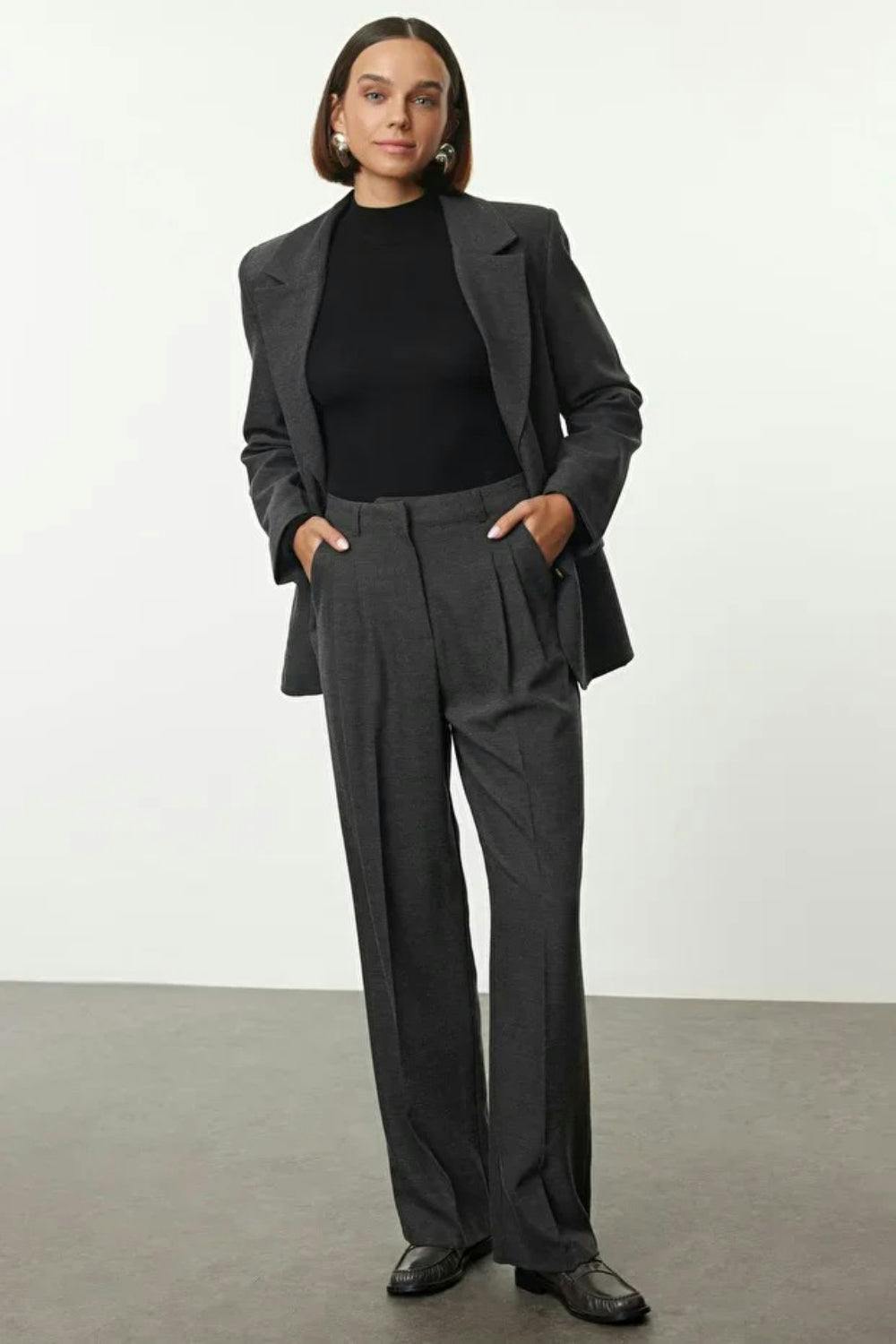 Hoxton Gal Dark/Grey Straight-Cut Pleated Woven Trousers - 12