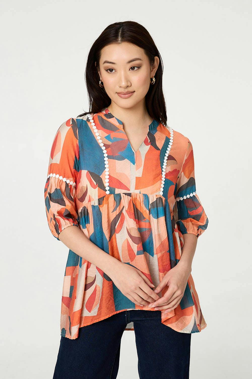 Izabel London Orange Abstract Lace Trim Relaxed Blouse - 18