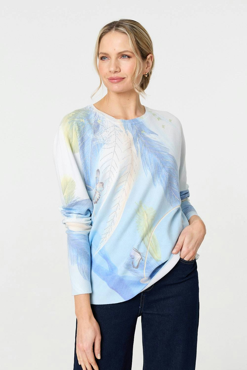 Izabel London Blue Feather Print Long Sleeve Relaxed Jumper - S