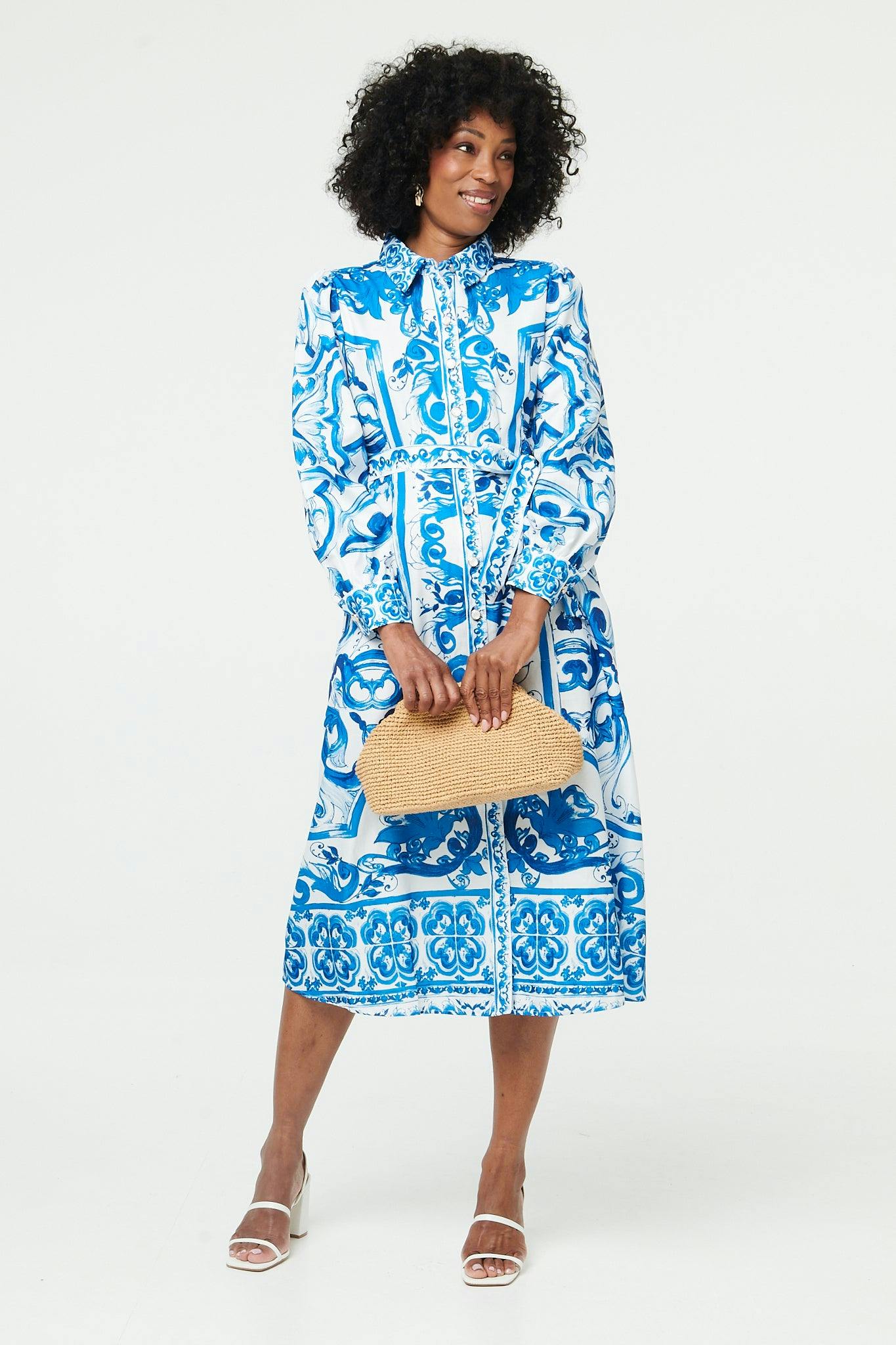 Izabel London Blue Printed Tie A-Line Midi Shirt Dress - 12