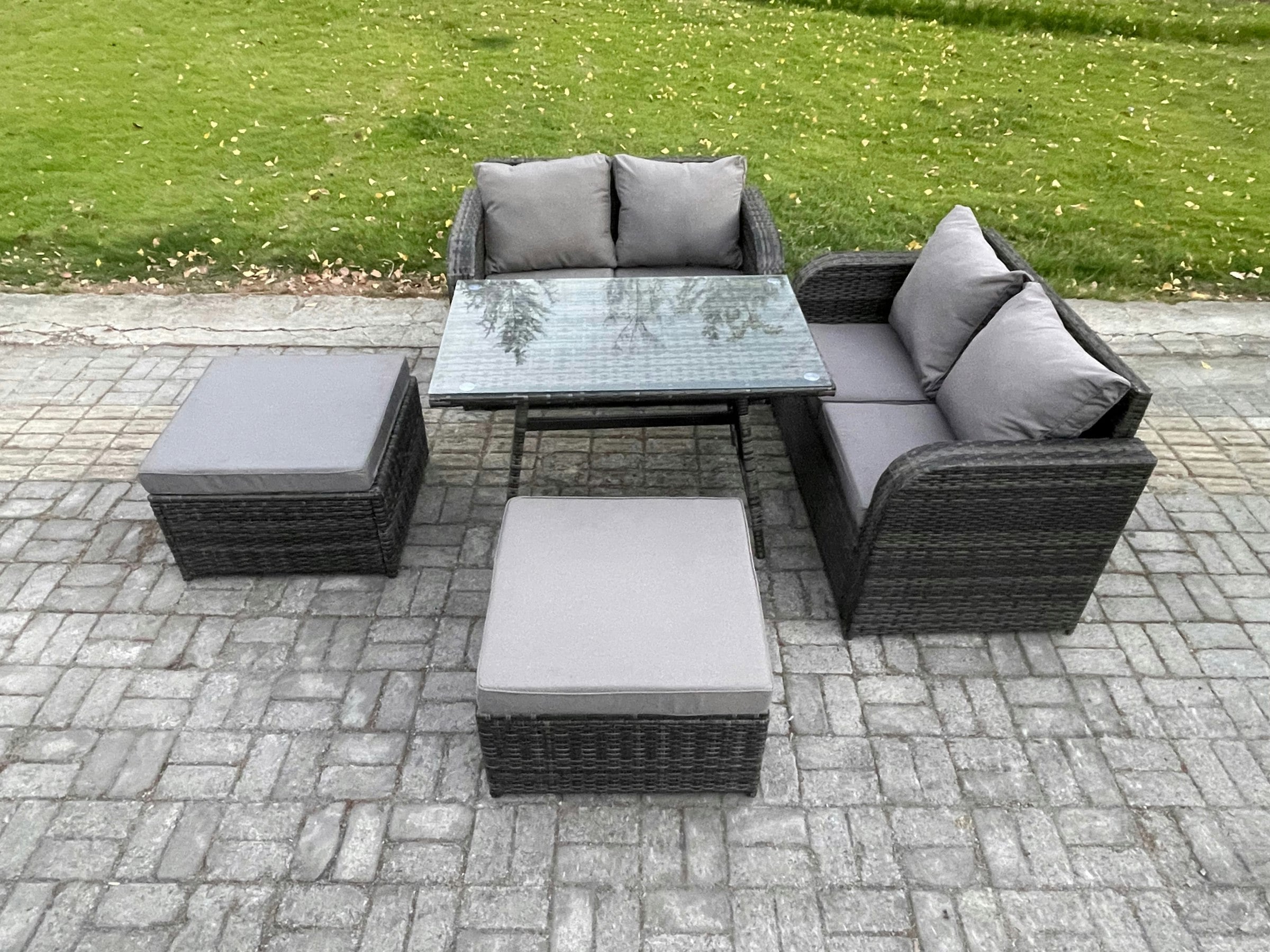 Rackhams Dark/Grey Outdoor Garden Furniture Sets 5 Pieces Wicker Rattan Furniture Sofa Sets With Rectangular Dining Table Love Sofa 2 Big Footstool