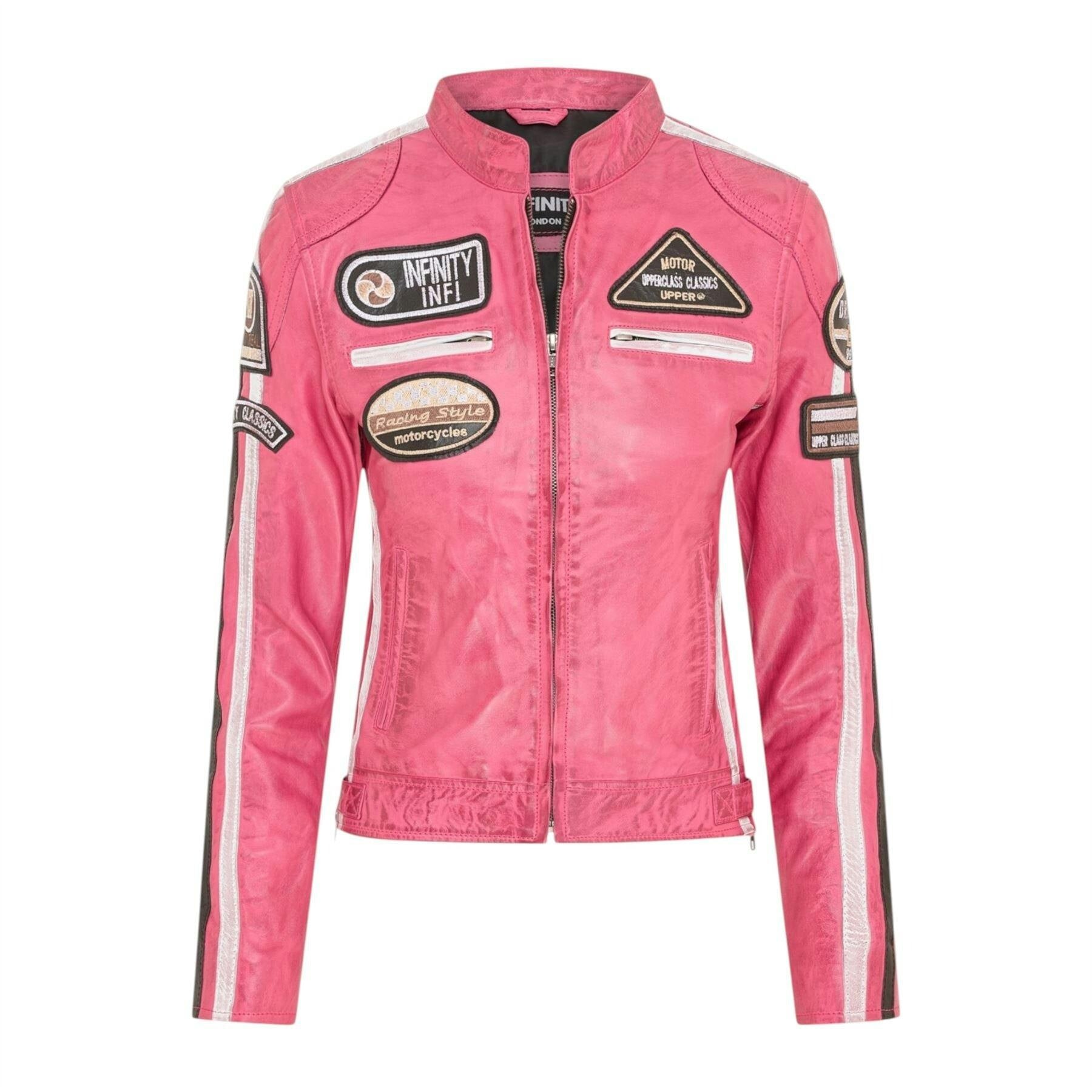 Infinity Leather Women's Leather Biker Racing Badges Jacket-Agadir - Fuschia - Uk Xs/8 | Eu 34 | Us 4
