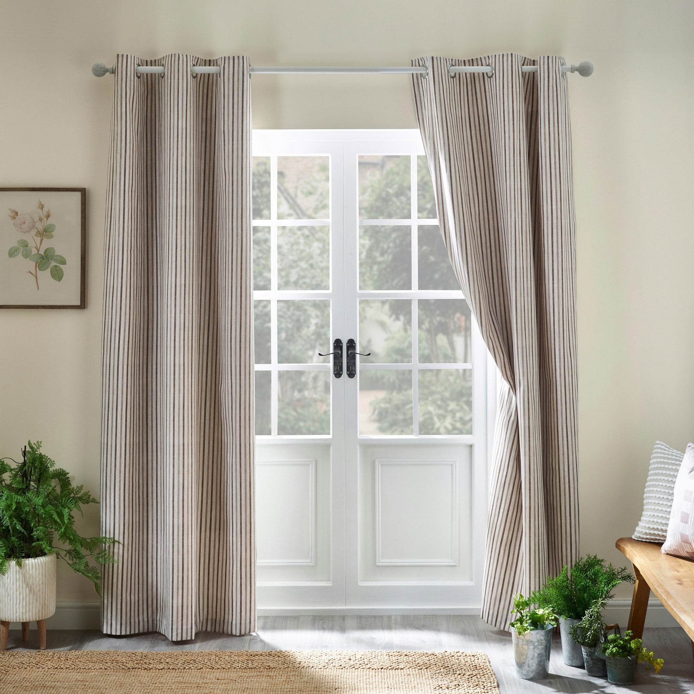 Catherine Lansfield Light Logan Stripe Lined Eyelet Curtains Natural - 90X90 Inch - Natural