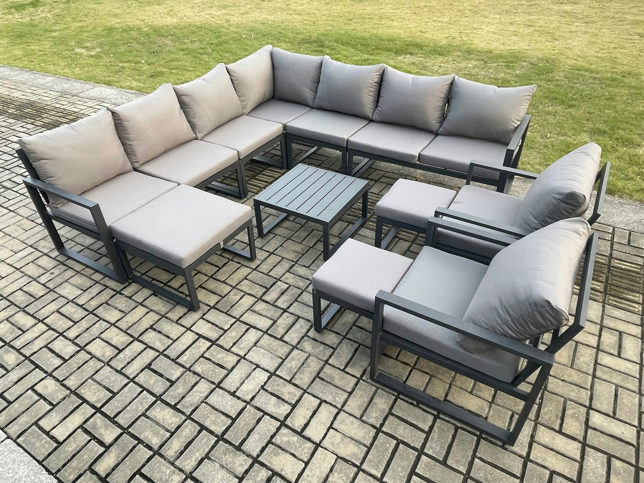 Fimous Dark/Grey Aluminium Outdoor Garden Furniture Set Lounge Corner Sofa Square Coffee Table 2 Pcs Chair Sets With 3 Footstools
