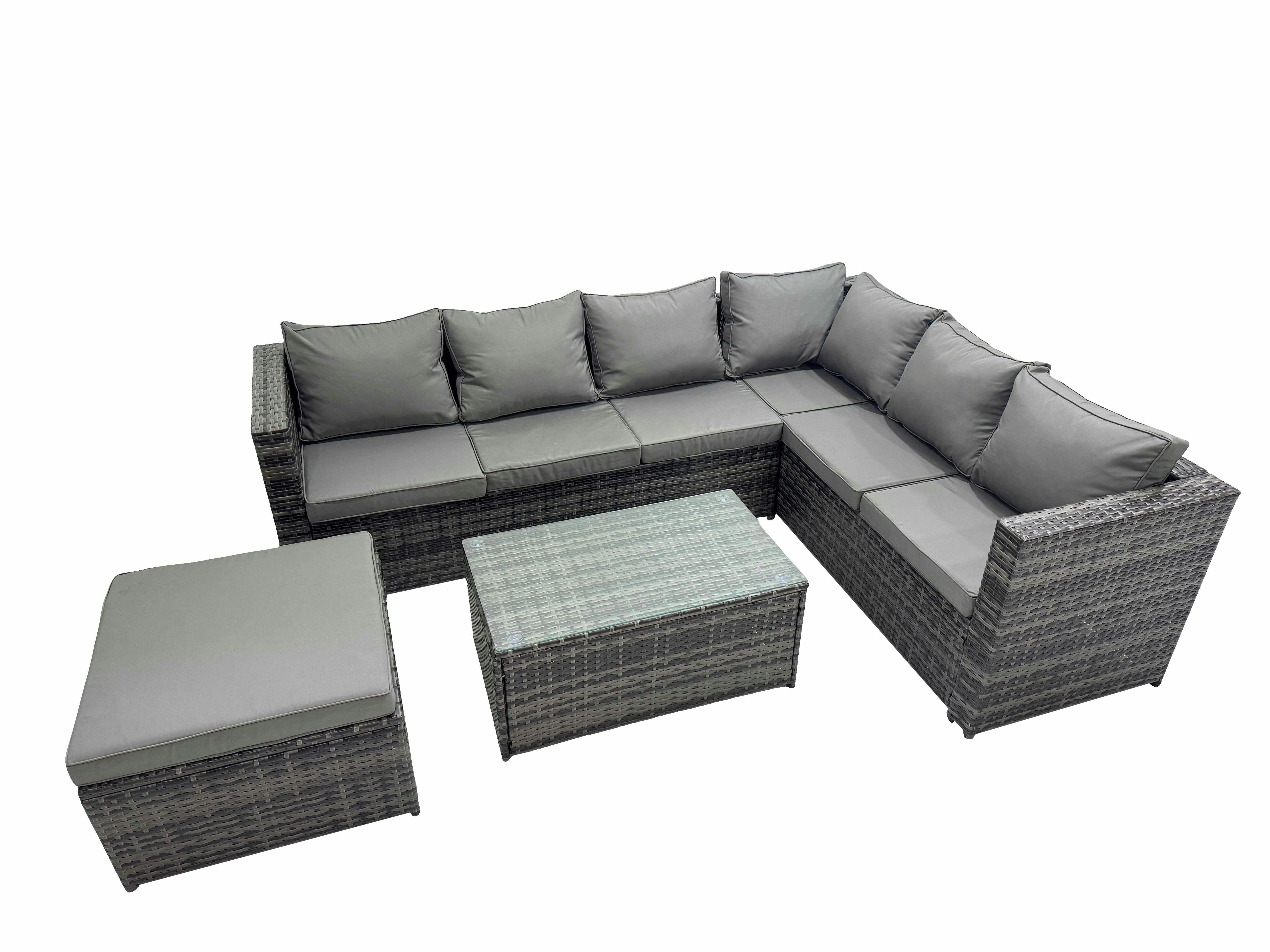 Rackhams Dark/Grey Outdoor Pe Rattan Garden Furniture Sofa Set With Oblong Coffee Table Big Stool