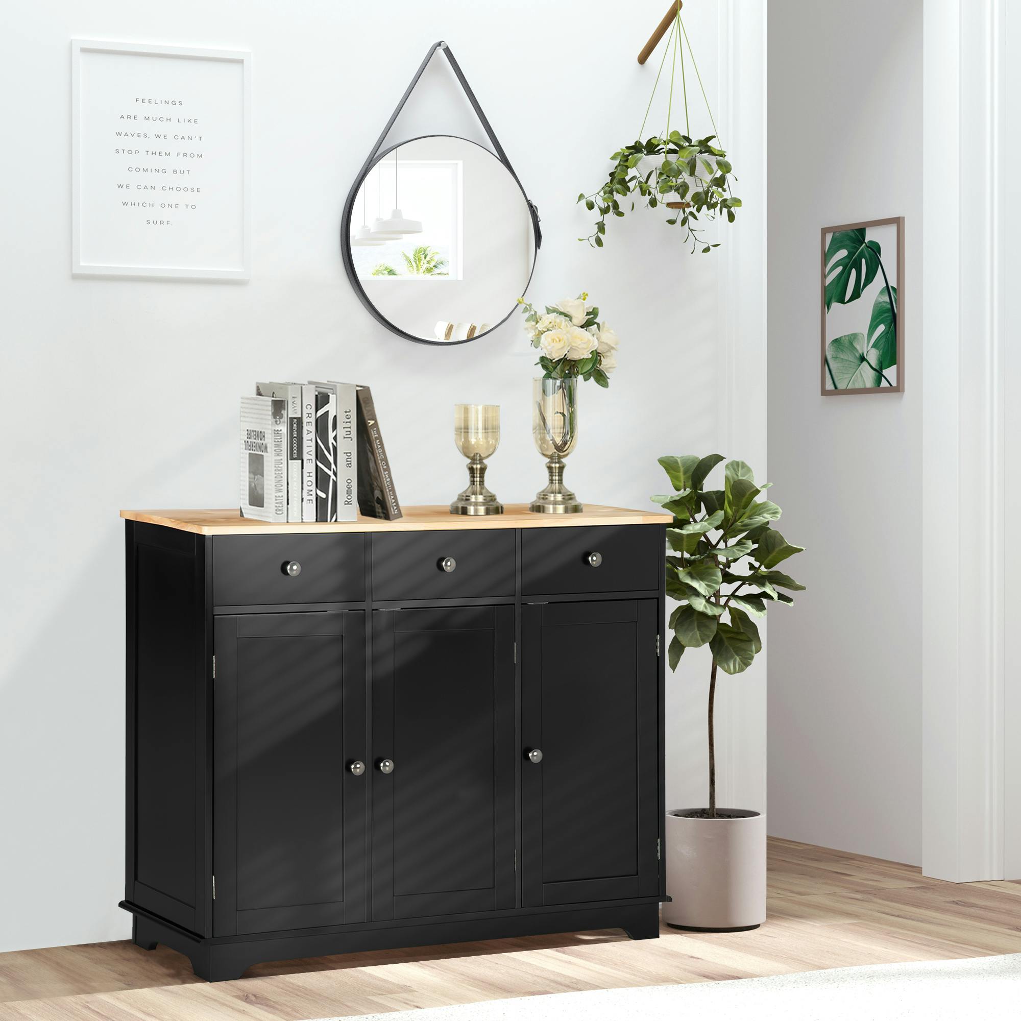 Rackhams Black Sideboard Buffet Cabinet With Storage Cabinets And Drawers - Smooth - Sideboard