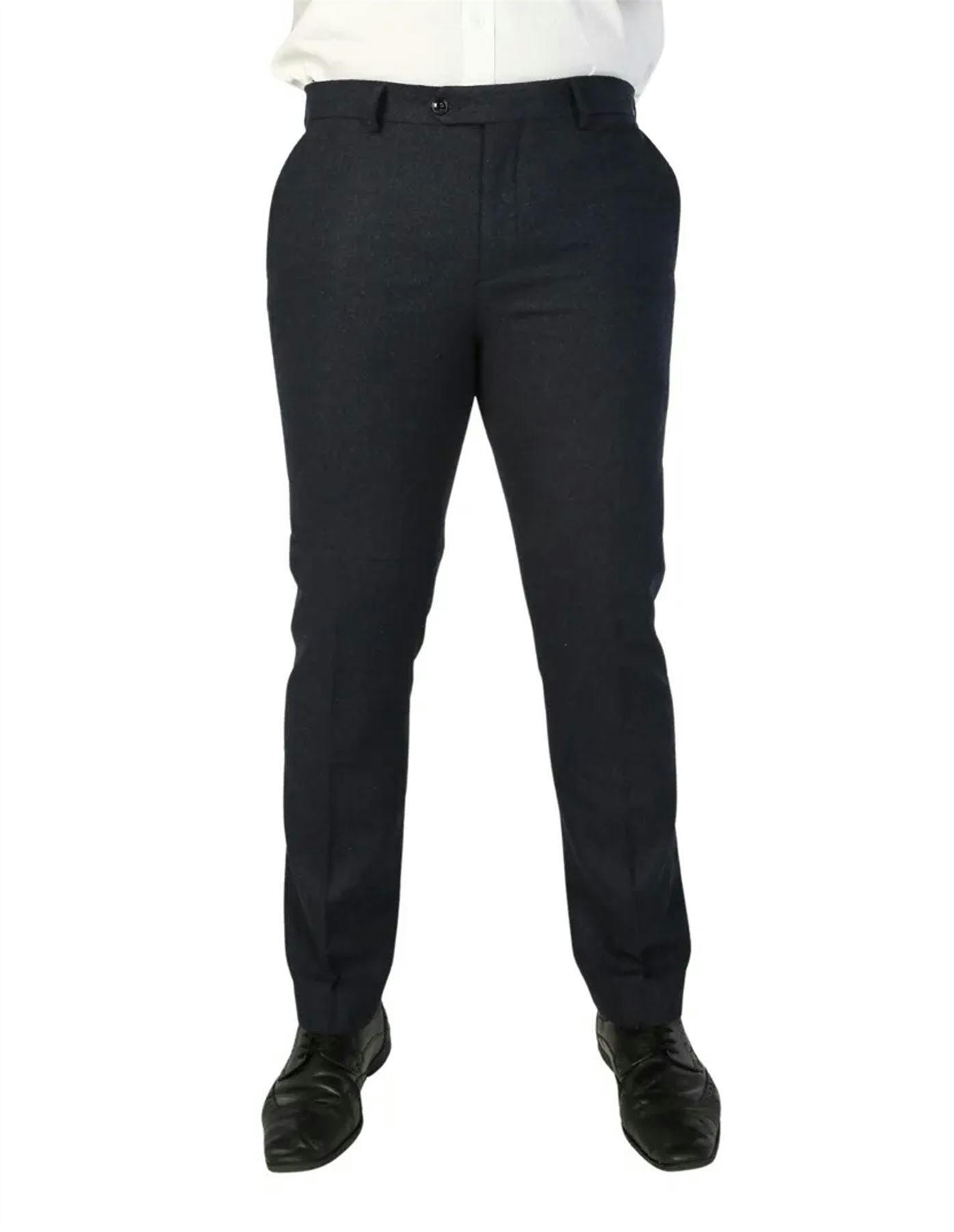 Infinity Leather Men's Blue Navy Wool Blend Tweed Formal Trousers - Navy - 46