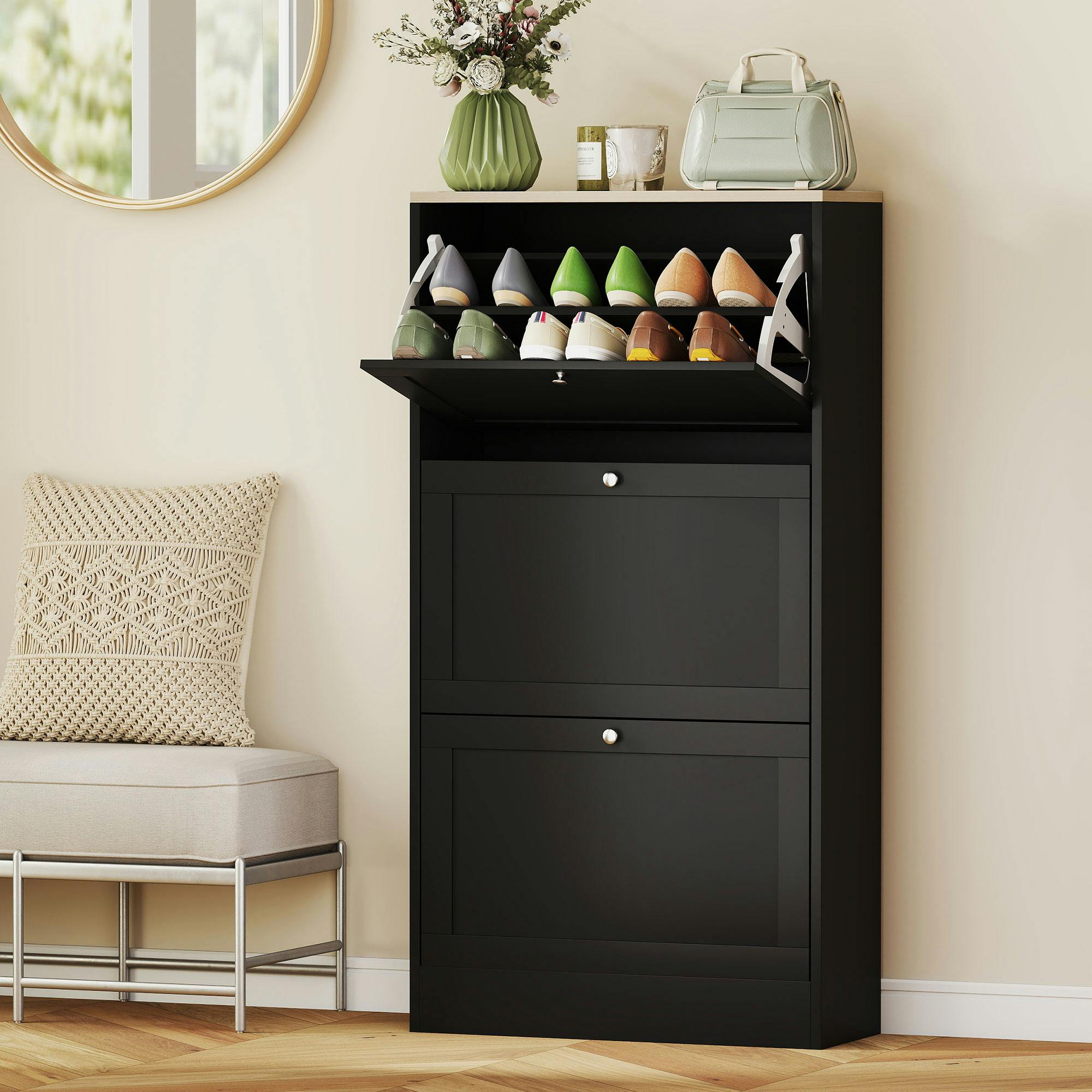 Rackhams Black Narrow Shoe Cabinet With 3 Flip Drawers For 18 Pairs Of Shoes - Image 4