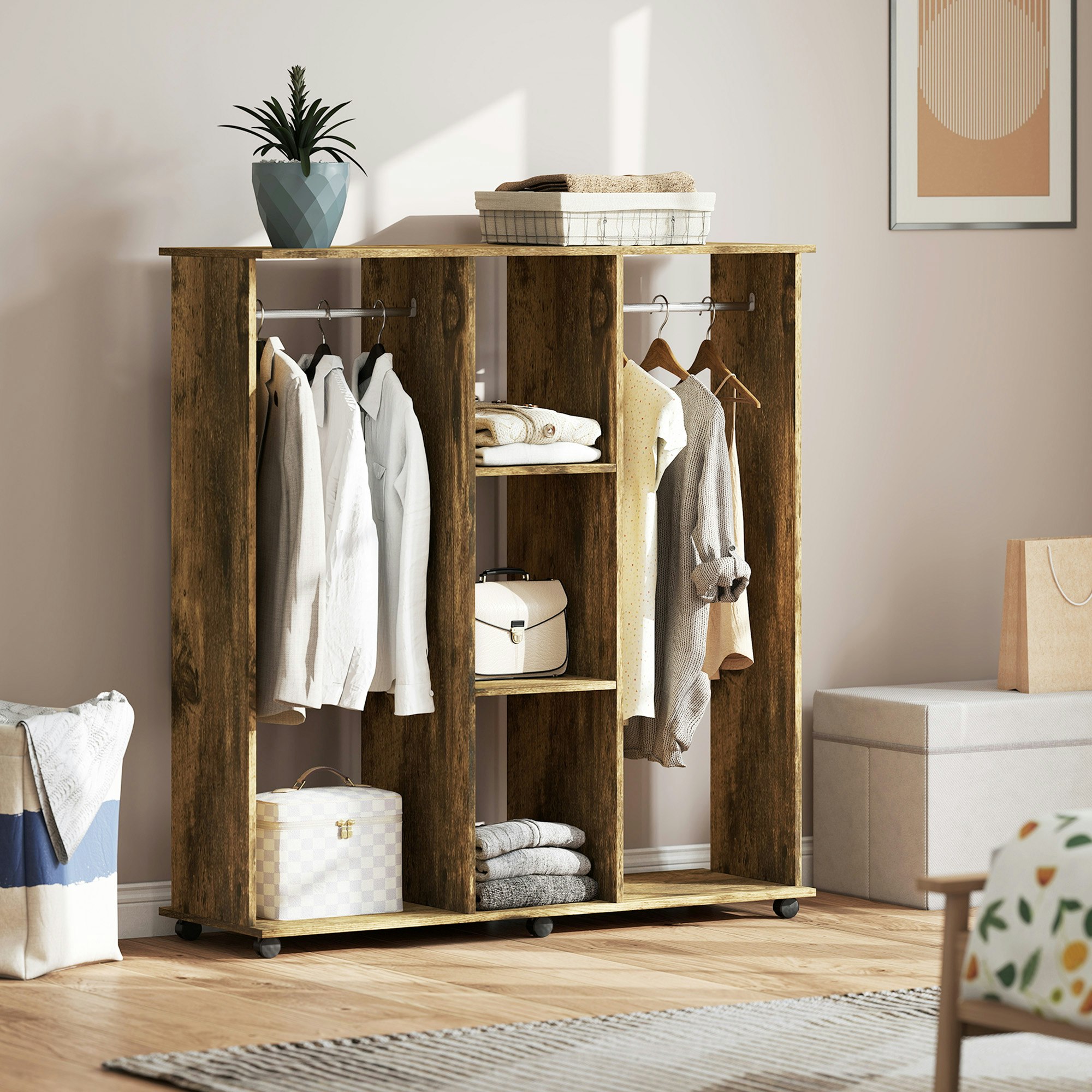 Portland 3 Shelf Rustic Brown Double Open Wardrobe With Hanging Rail - Image 4