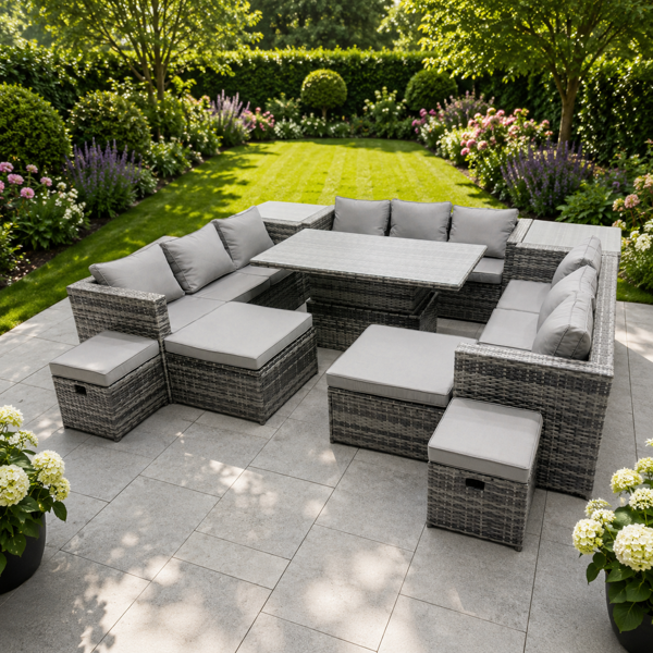 Fimous Dark/Grey Rattan Dining Table Sofa Set With 2 Side Tables 4 Stools Outdoor 13 Seat Garden Furniture Set Mixed