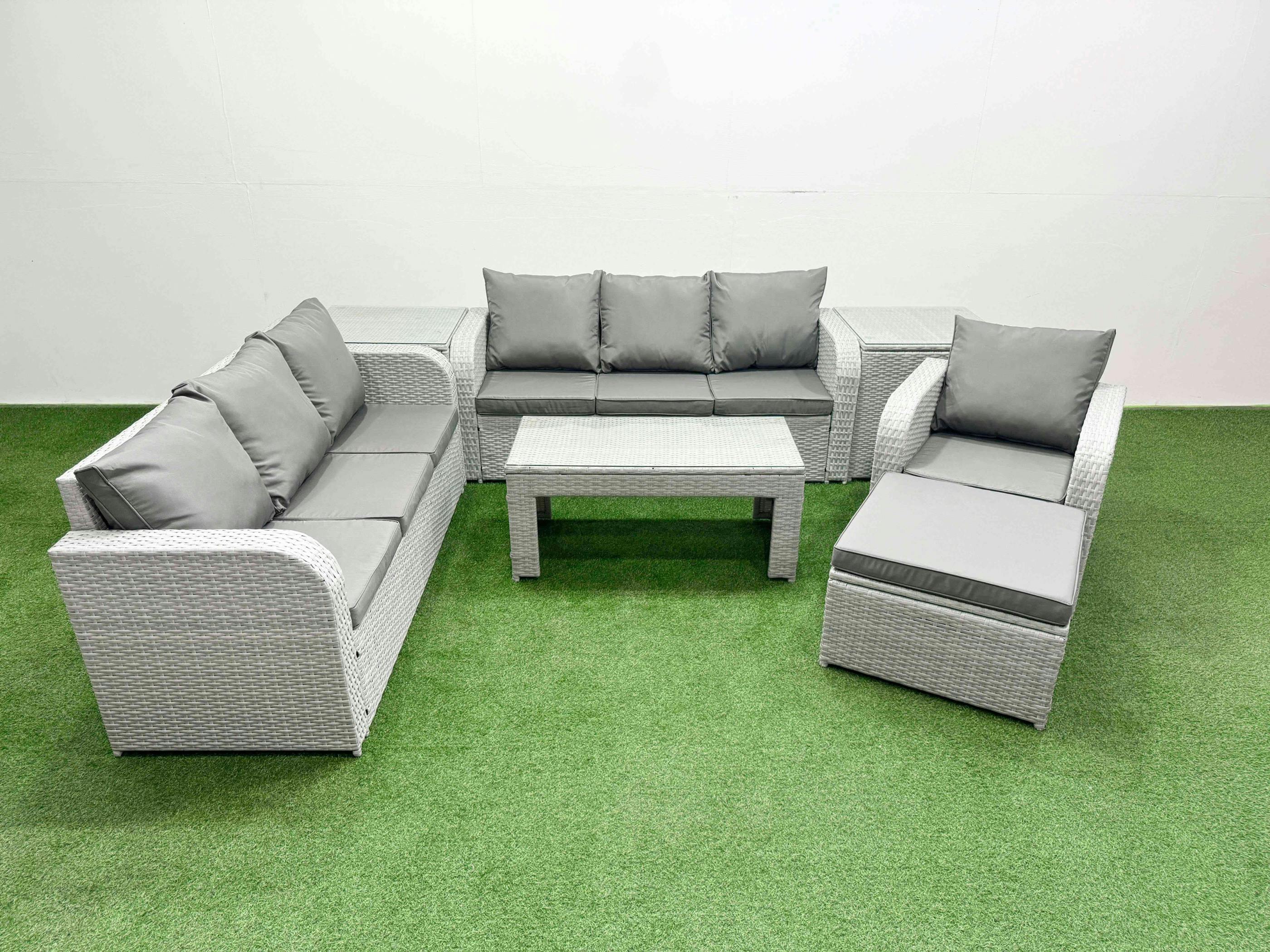 Rackhams Light/Grey 8 Seater Patio Rattan Sofa Set, Coffee Table, Double 3 Seater Sofa, Reclining Chair, Big Footstool And 2 Side Tables,