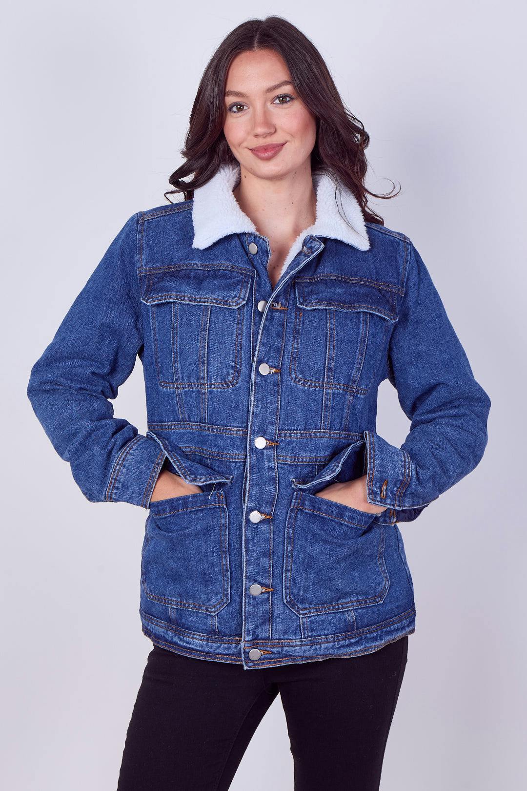 Elaina Fashion Women's Blue Denim Sherpa Jacket – Fleece Lined Denim Jacket - 8