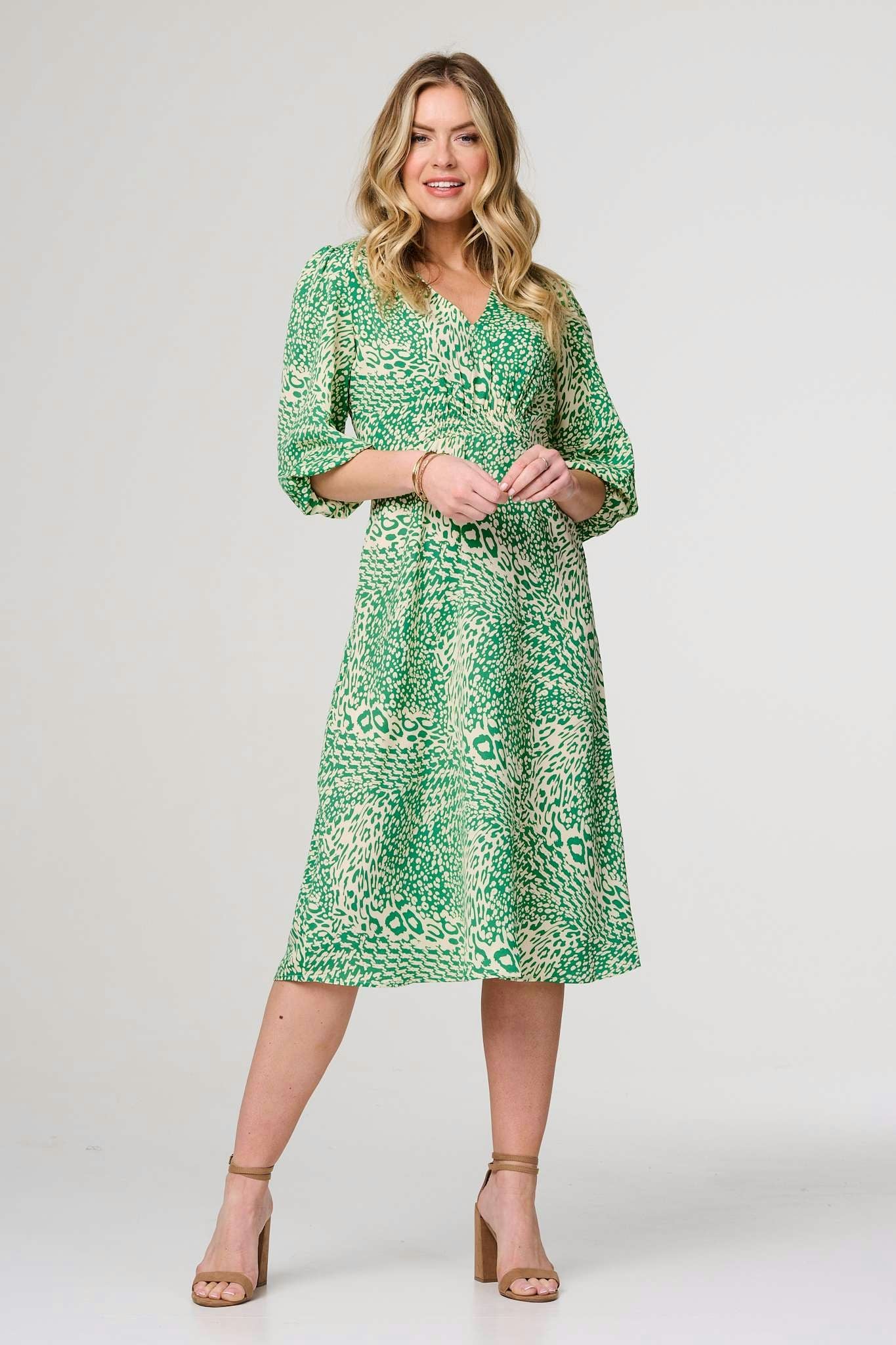 Izabel London Green Animal Print Slim Fit Midi Dress - 18