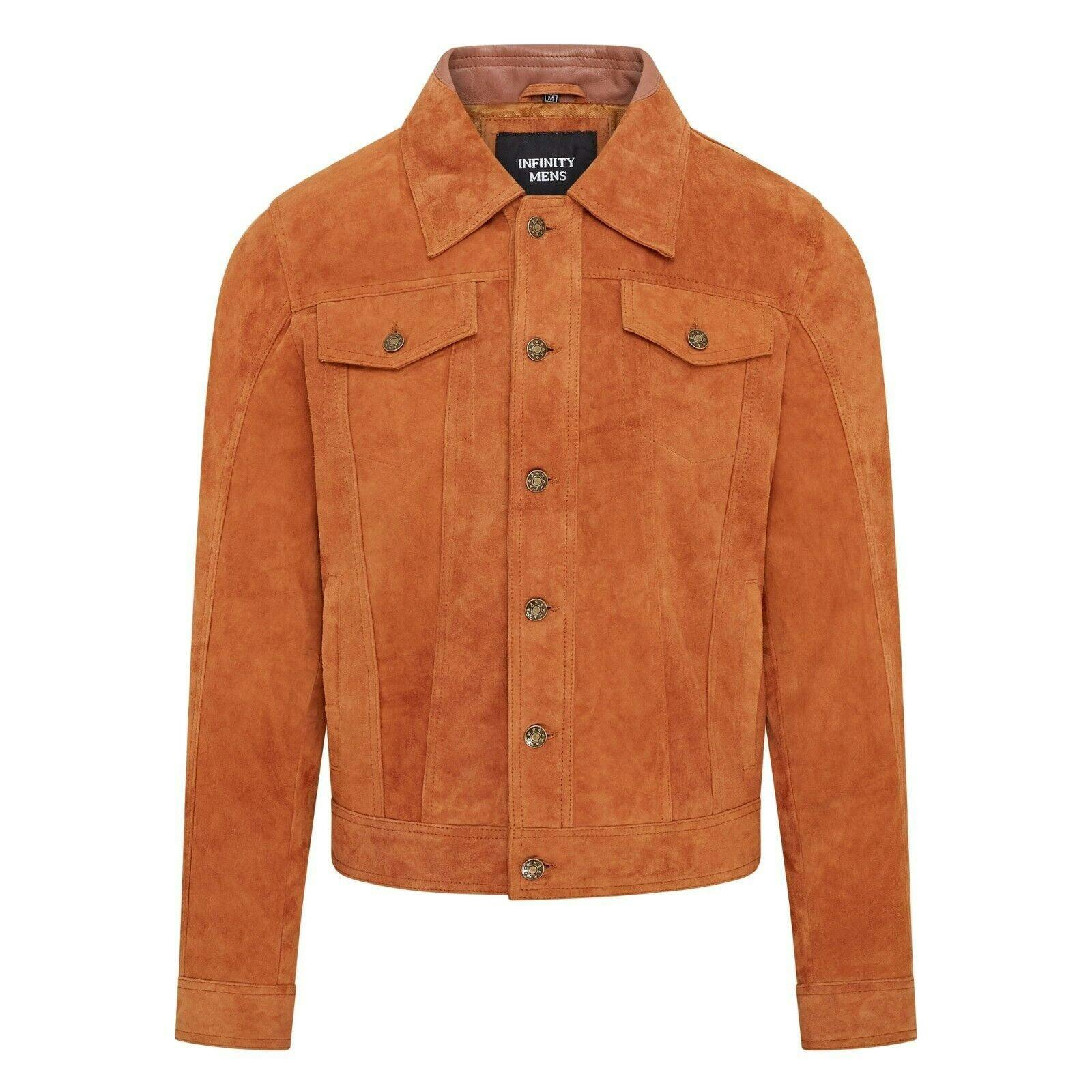 Infinity Leather Men's Trucker Goat Suede Western Leather Jeans Jacket - Yangon - Tan - Uk 3XL | Eu 56 | Us 46