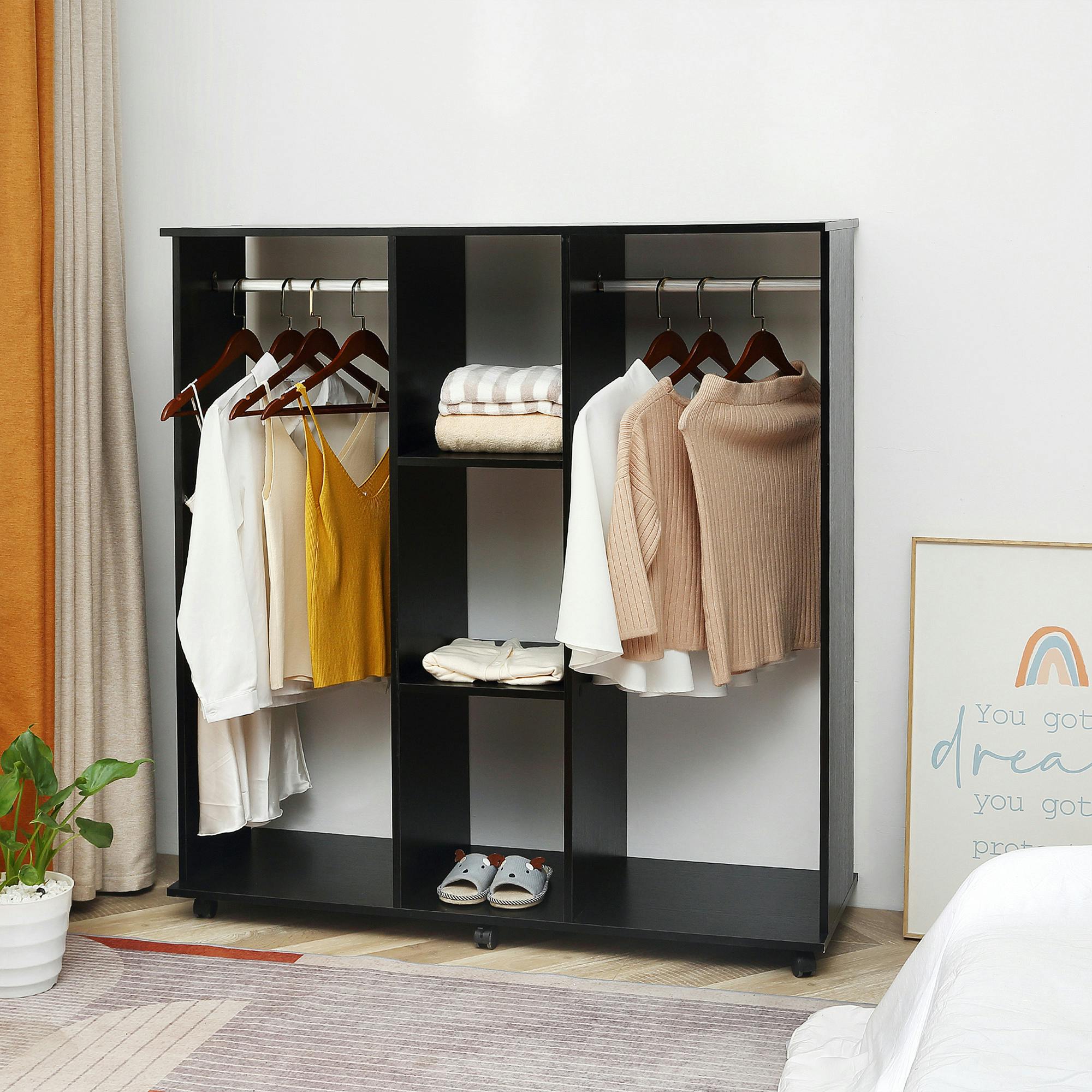 Homcom Black Mobile Double Open Wardrobe W/ Clothes Hanging Rail Colthing