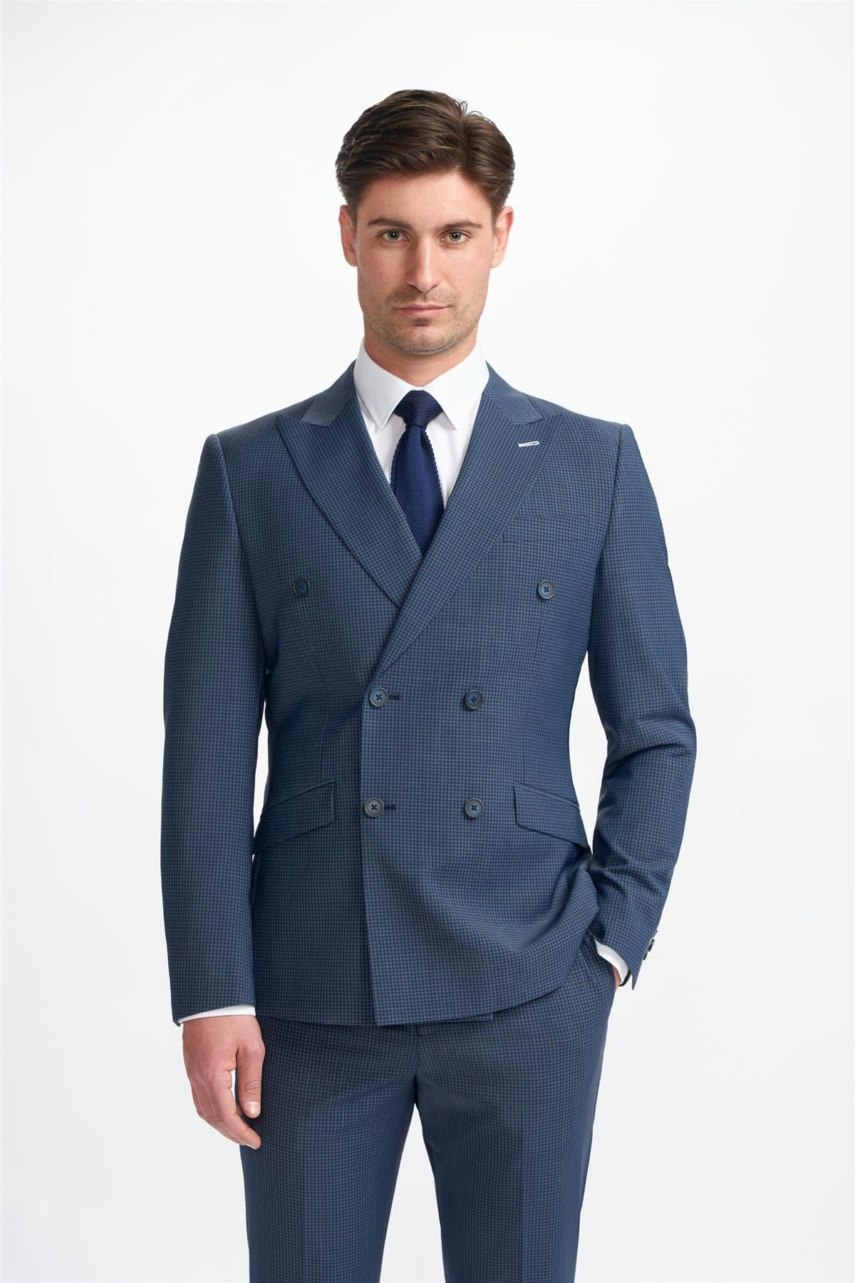 House Of Cavani Bond Navy Check Double Breasted Blazer - 44 Inch Chest