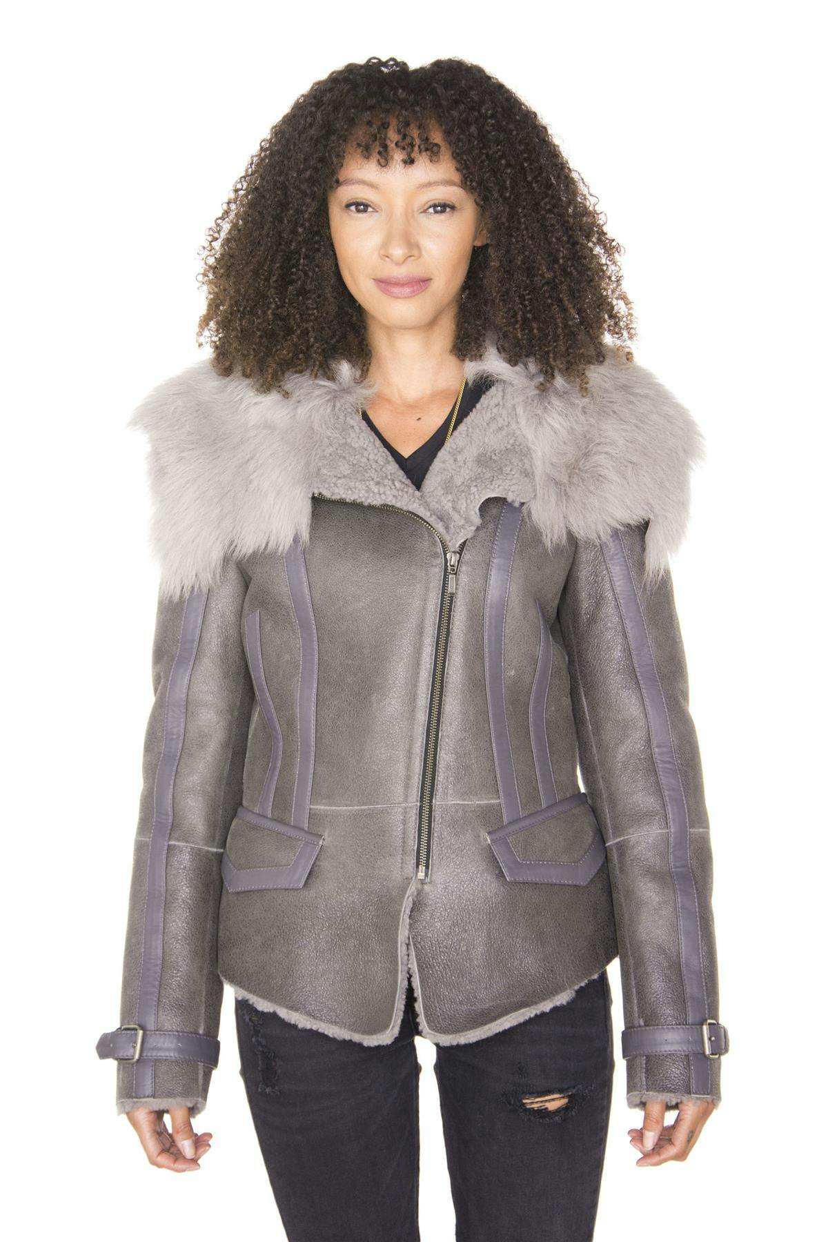 Infinity Leather Women's Grey Toscana Shearling Flying Jacket-Polegate - Xs