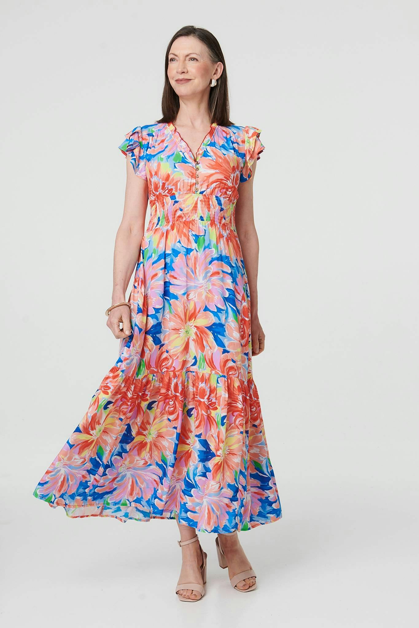 Izabel London Blue Floral Cap Sleeve Maxi Shirred Dress - 10