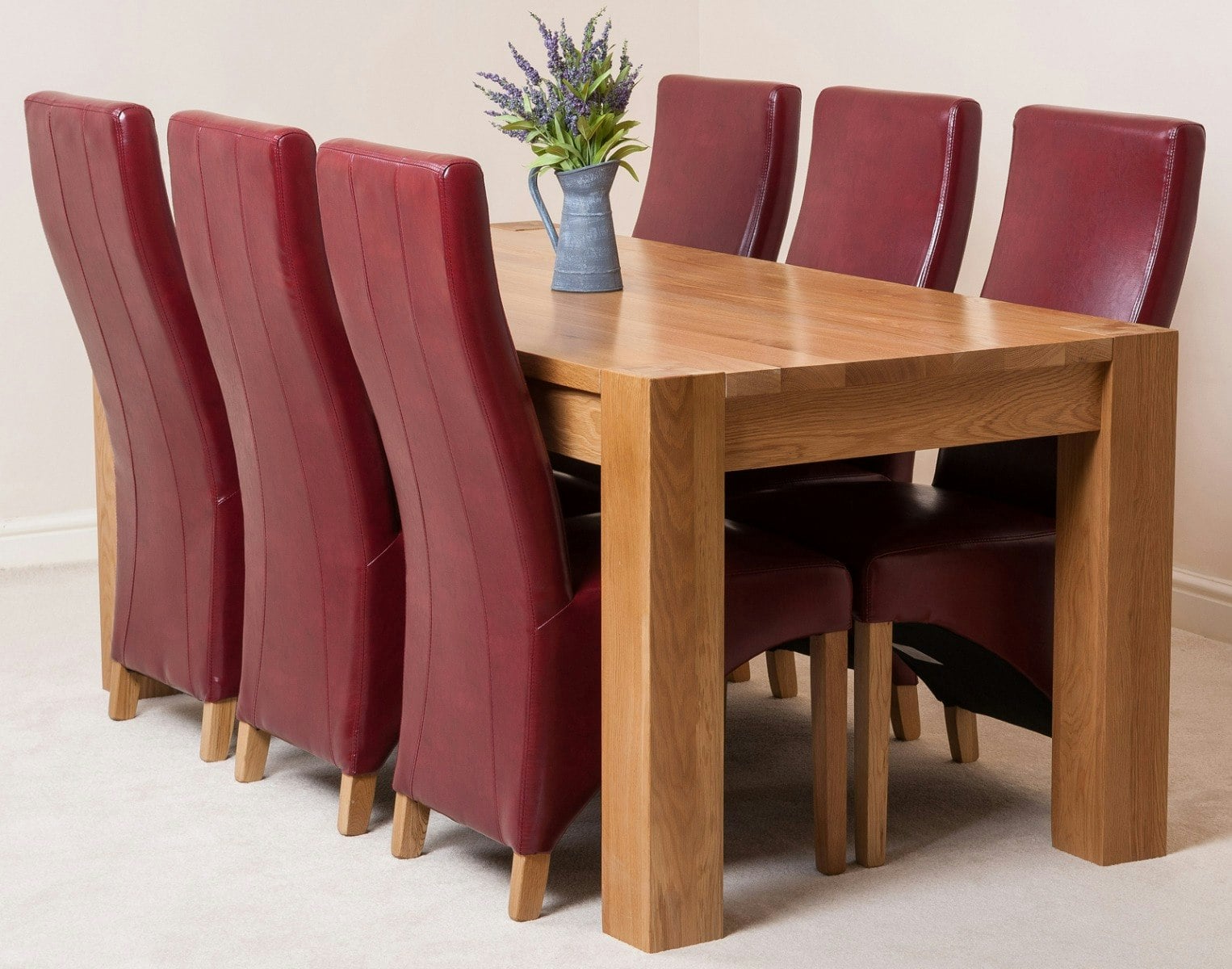 Rackhams Burgundy Kuba Large Oak Dining Table With 6 Lola Leather Chairs - 1 - 6 Chairs