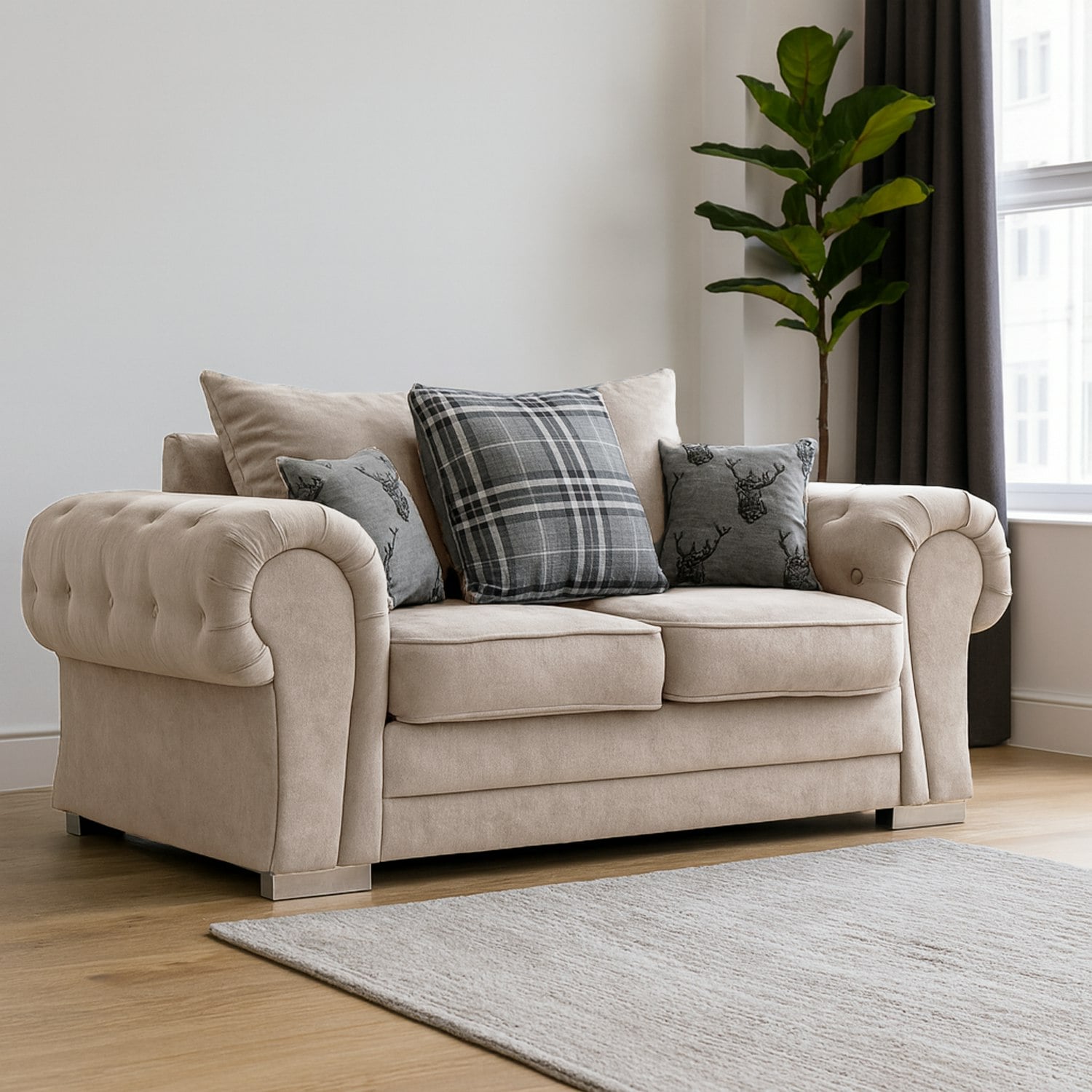 Rackhams Black/Grey Milan Chesterfield Fabric 2 Seater Sofa - Scatter Back - Mink