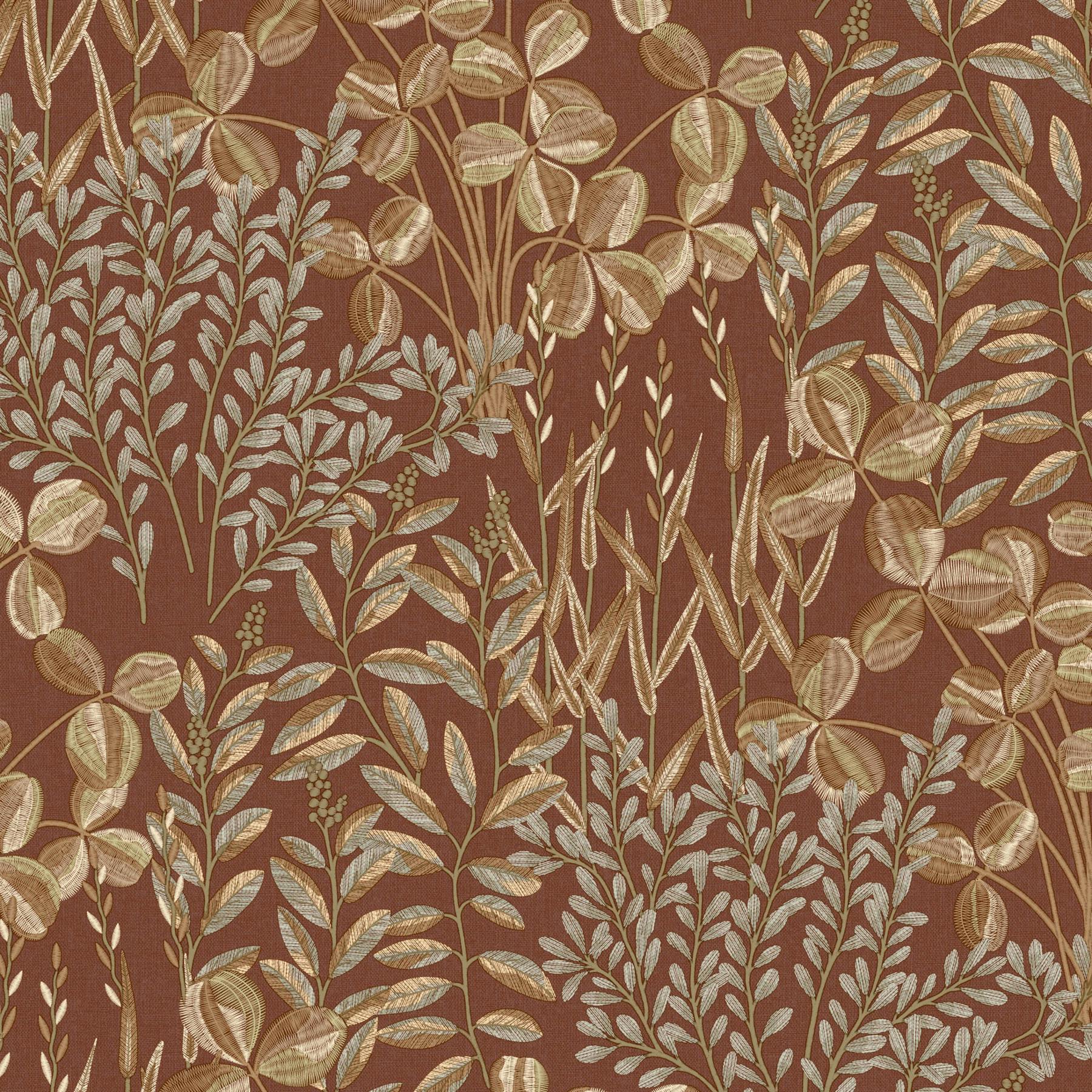 Grandeco Gold/Beige Inia Stitched Embroidery Foliage Textured Wallpaper, Terracotta