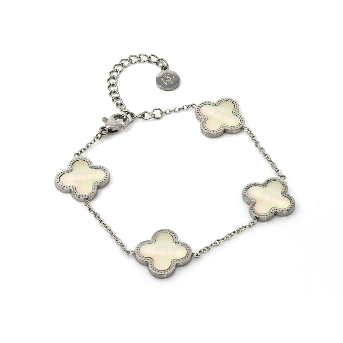 Say It With Silver Clover Chain Bracelet - Stainless Steel ( Plated & Faux Pearl)