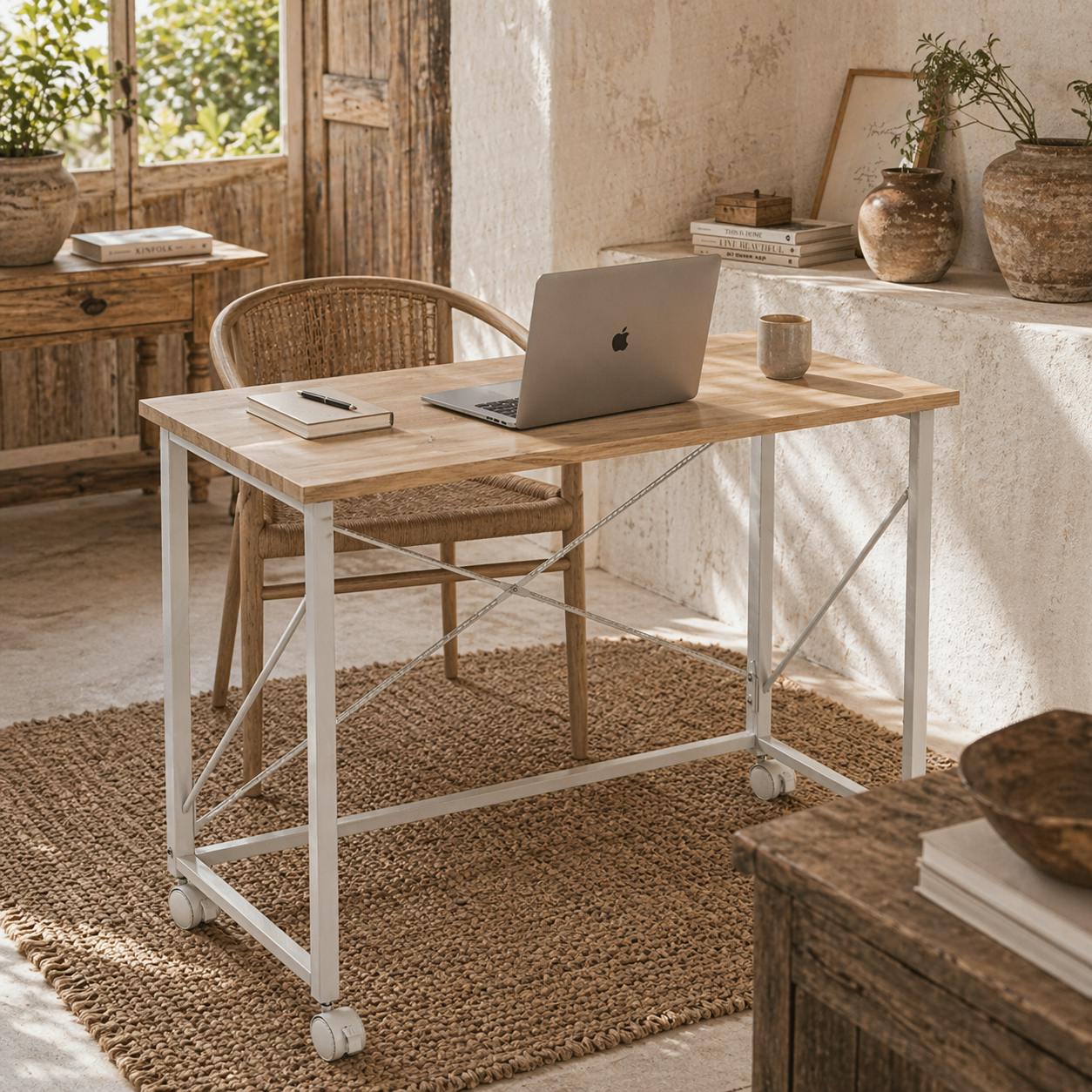 Rackhams White Yokare 80Cm Wooden Natural And Folding Desk On Wheels