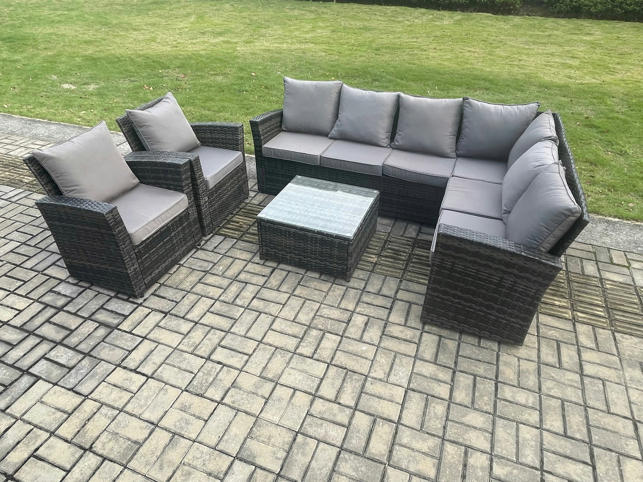 Rackhams Dark/Grey Rattan Garden Furniture Set Outdoor Lounge Corner Sofa Set With Square Coffee Table 2 Chairs 8 Seater Mixed