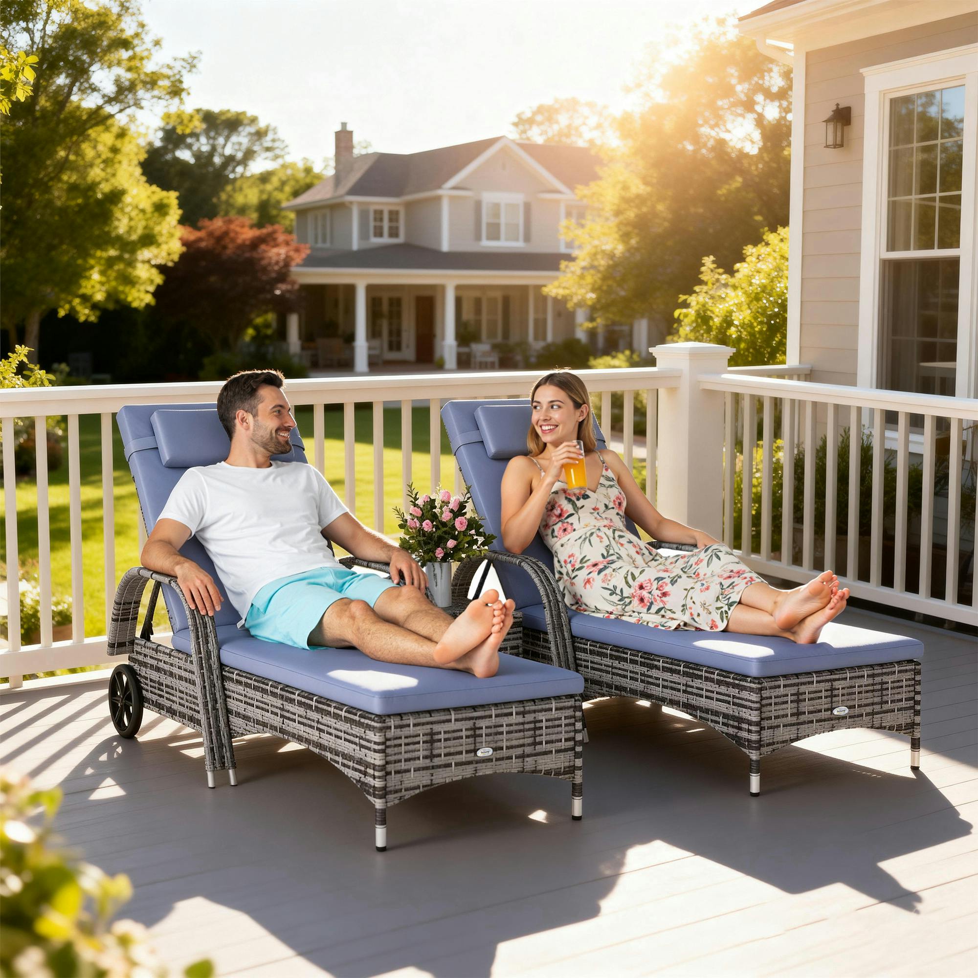 Outsunny Grey 3 Pcs Rattan Lounger Recliner Bed Garden Furniture Set W/ Side Table