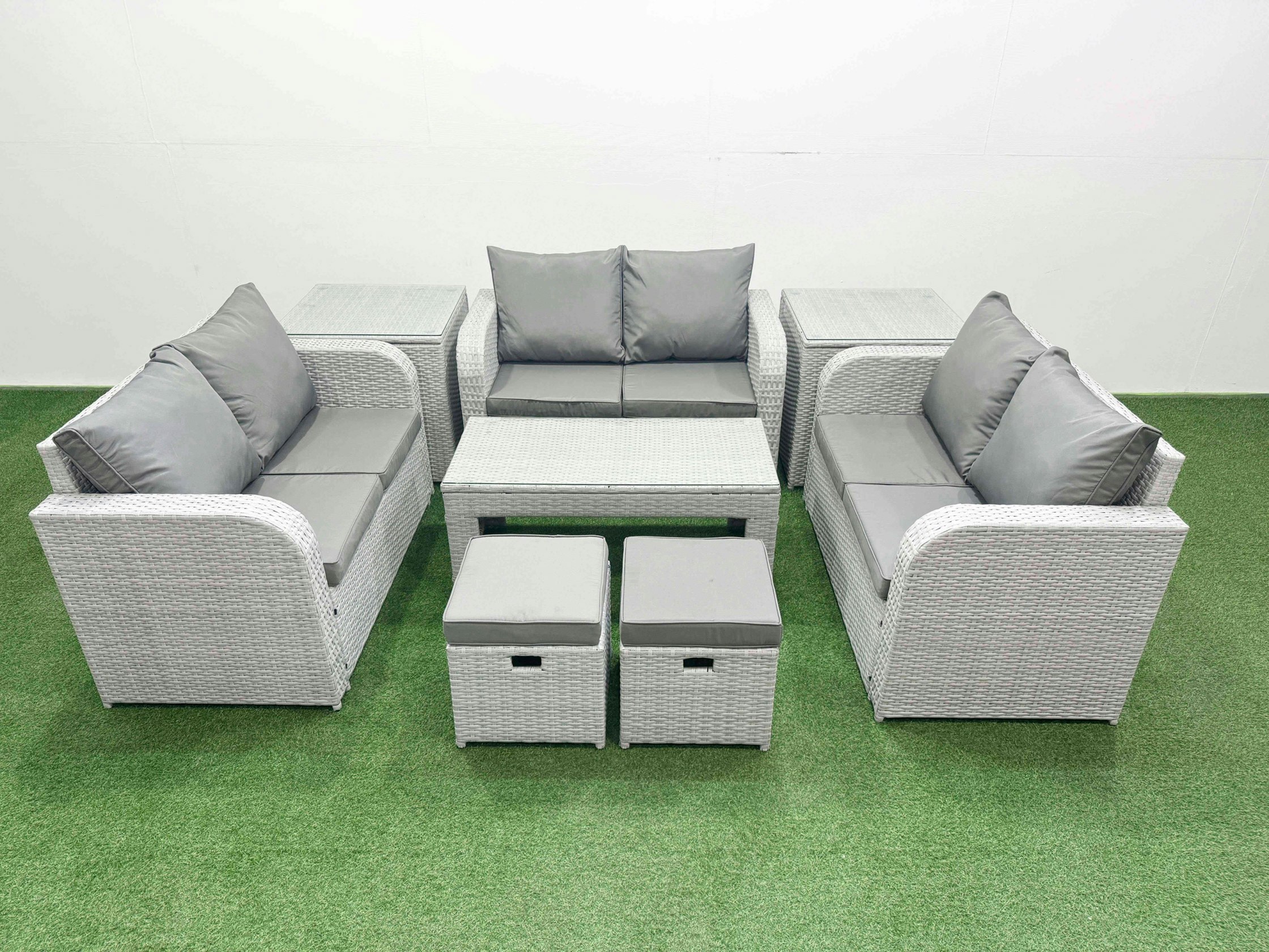 Rackhams Light/Grey 8 Seater Pe Wicker Rattan Furniture Sofa Sets With Oblong Coffee Table 2 Seater Love Sofa 2 Stool 2 Side Table