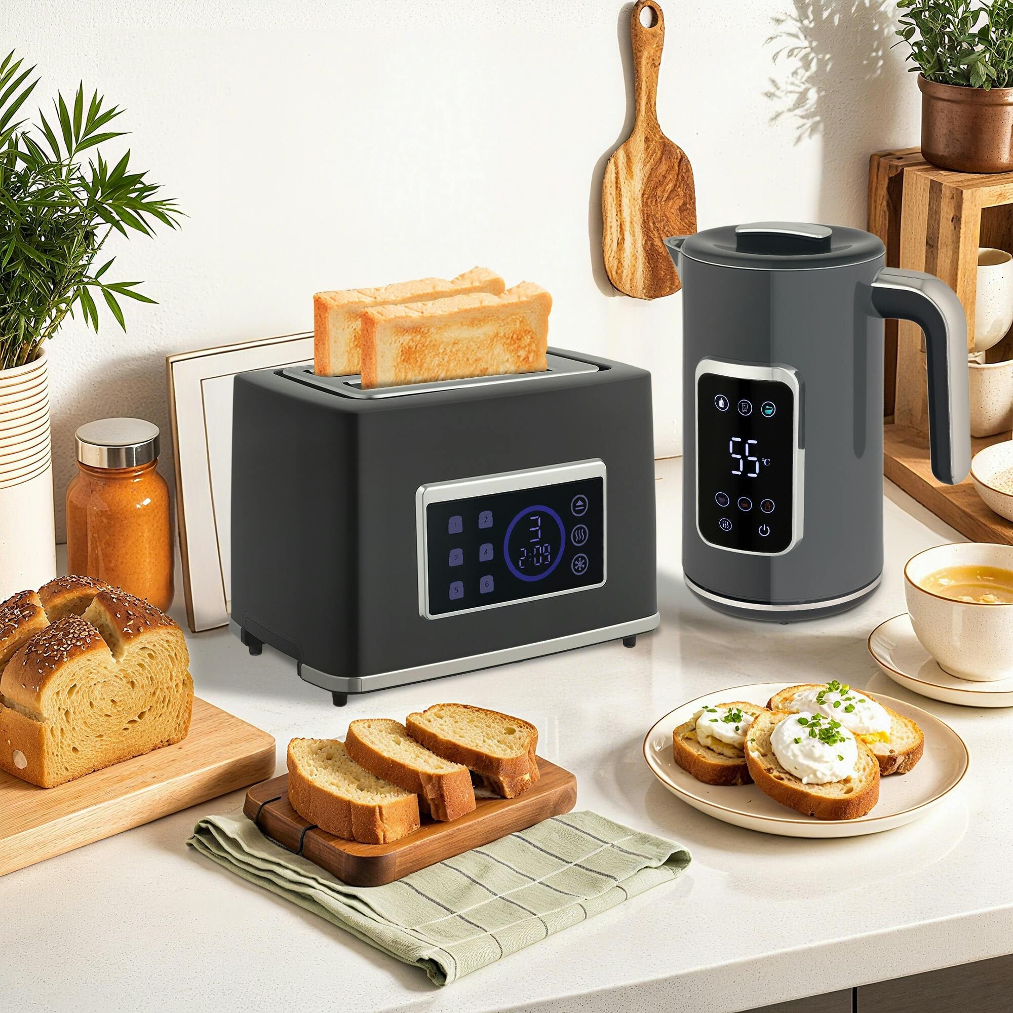 Homcom Grey 1.7L 3000W Rapid Boil Kettle And 2 Slice Toaster Set Crumb Tray