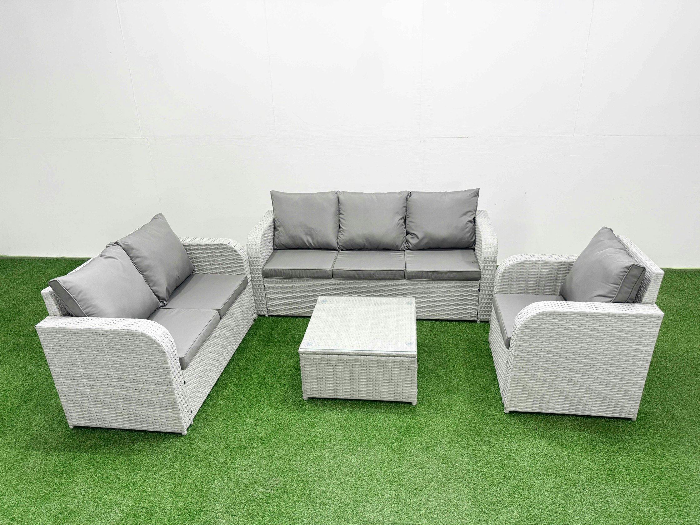 Fimous Light/Grey Patio Pe Wicker 6 Seater Outdoor Rattan Furniture Sofa Sets With Square Coffee Table Reclining Chair Loveseat Sofa 3 Seater Sofa