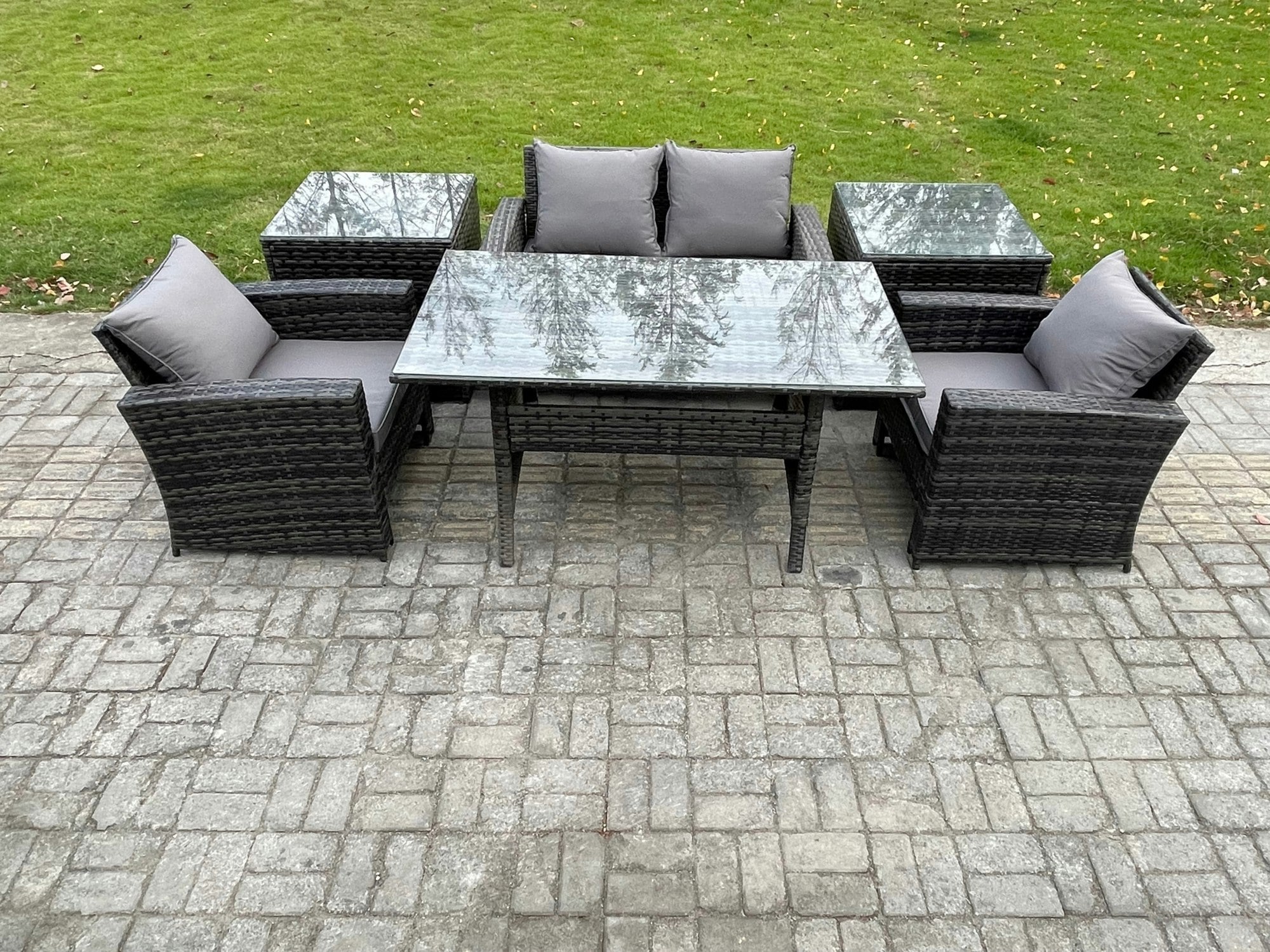 Rackhams Dark/Grey Pe Wicker Outdoor Garden Furniture Set Patio Furniture Rattan Rectangular Dining Table Lounge Sofa With 2 Side Tables