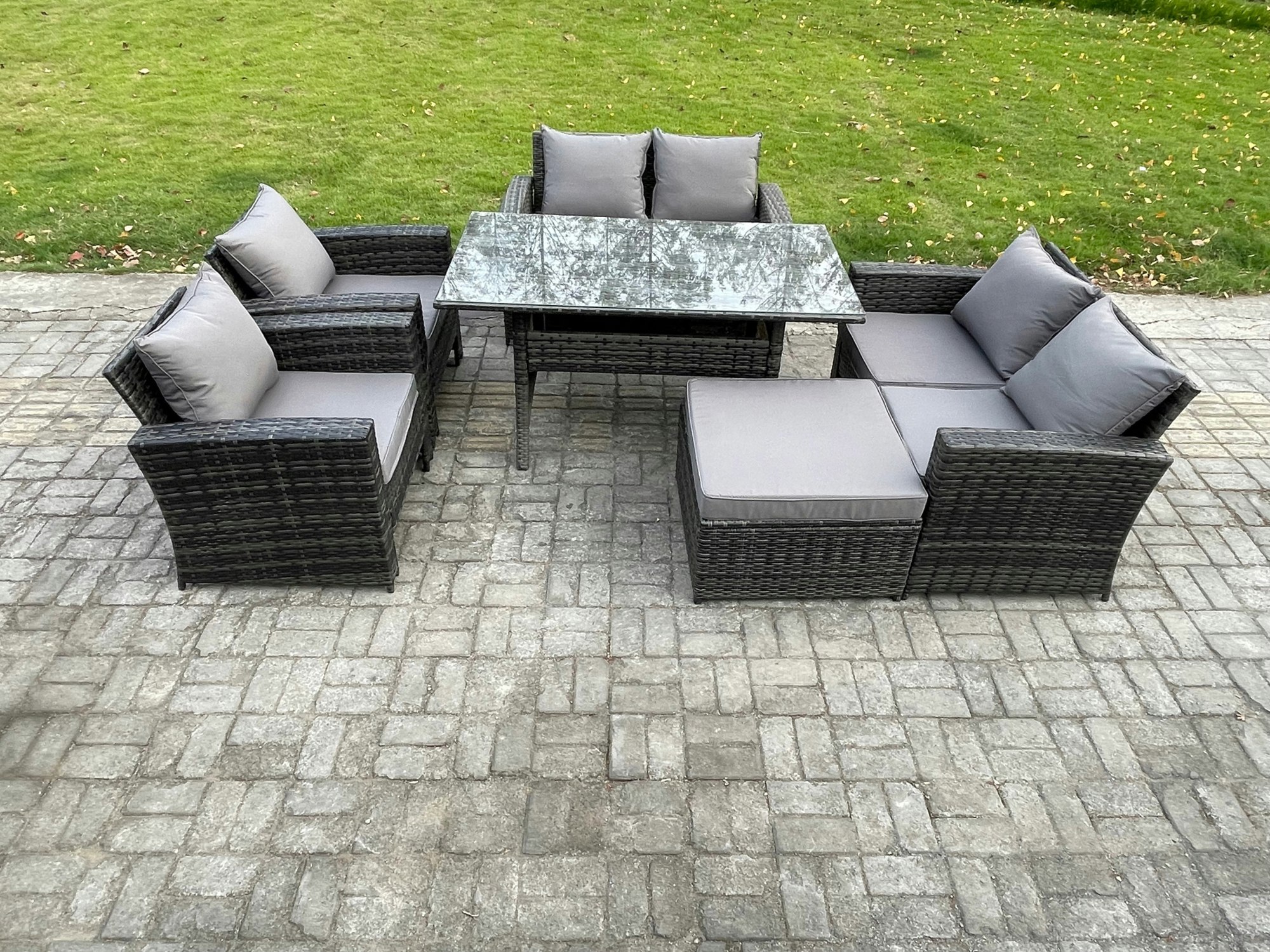 Fimous Dark/Grey Rattan Garden Furniture Set 7 Seater Patio Outdoor Lounge Sofa Set With Oblong Dining Table Double Seat Sofa Big Footstool Mixed