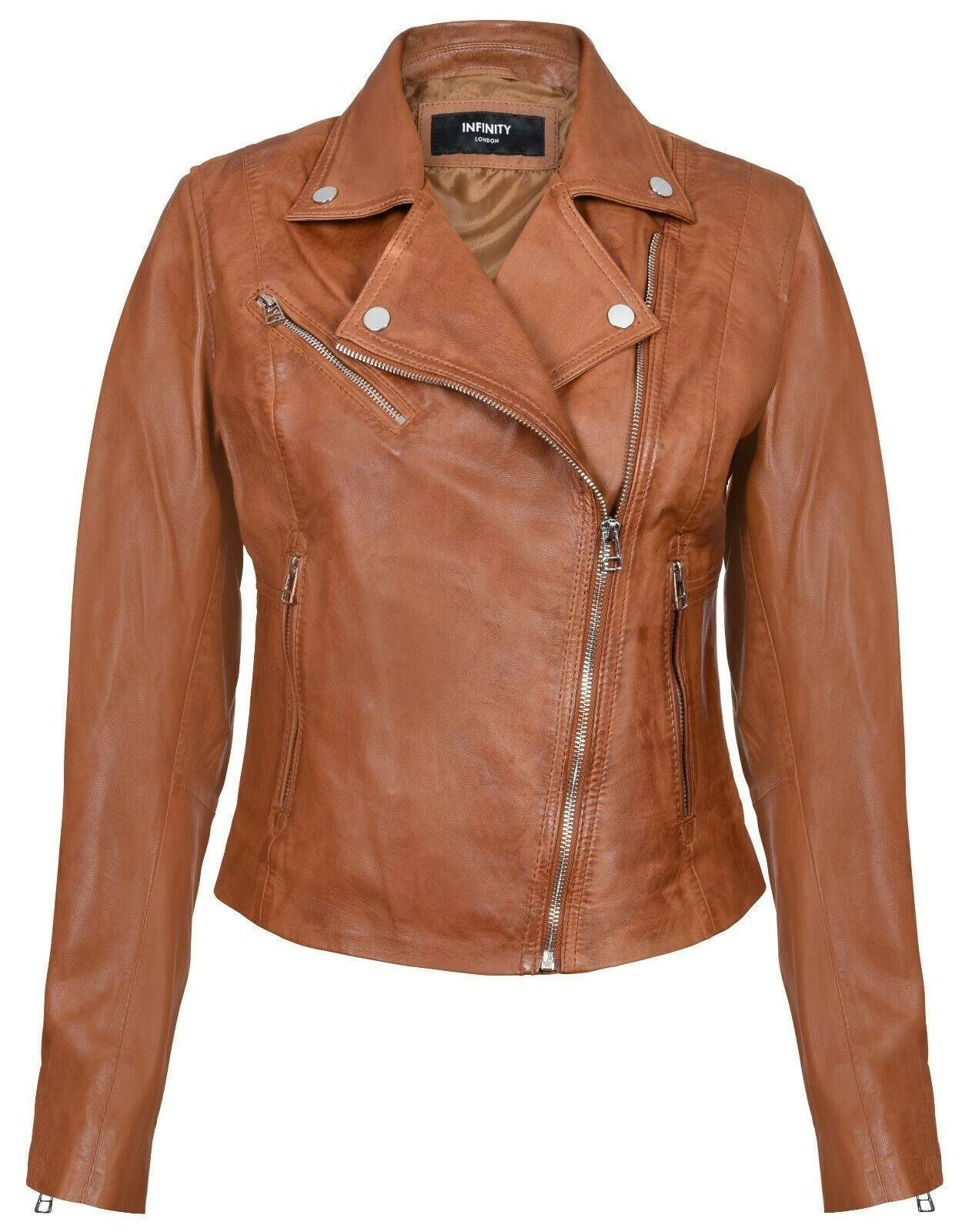Infinity Leather Women's Silver/Black Smart Leather Biker Jacket-Matlock - Tan - Uk 4XL/22 | Eu 48 | Us 18