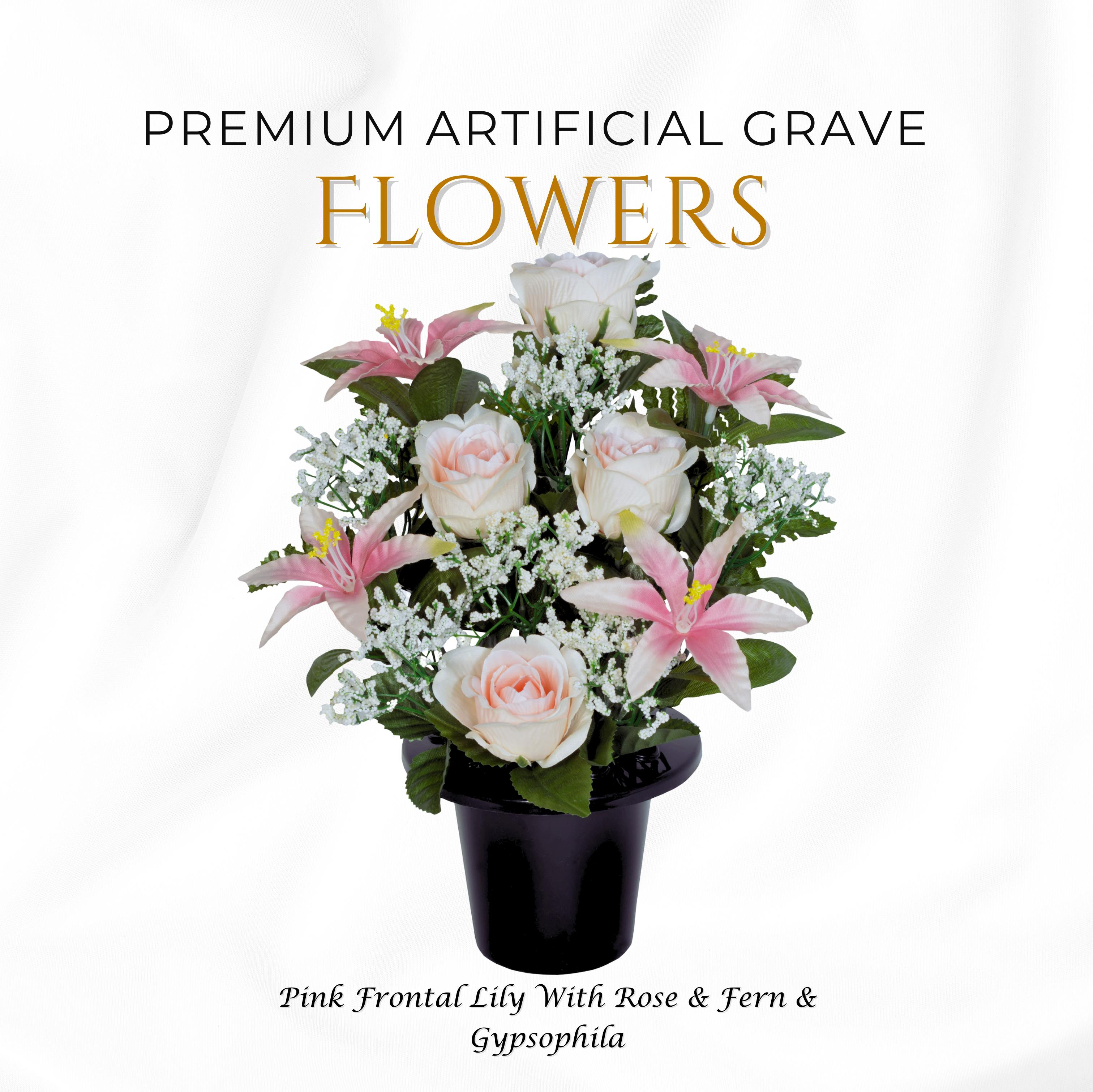 Memorials Direct Pink Premium Artificial Grave Flowers – 29Cm Frontal Lily With Rose & Fern & Gypsophila | Memorial Vase Pot