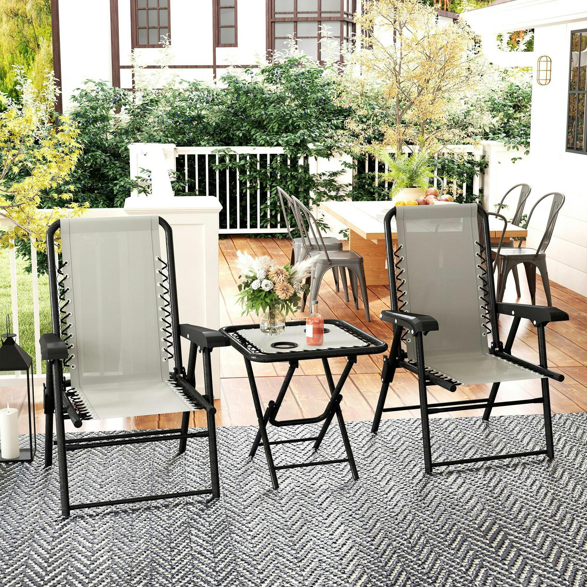 Rackhams Cream/White 3 Pieces Folding Garden Bistro Set With Cup Holders,