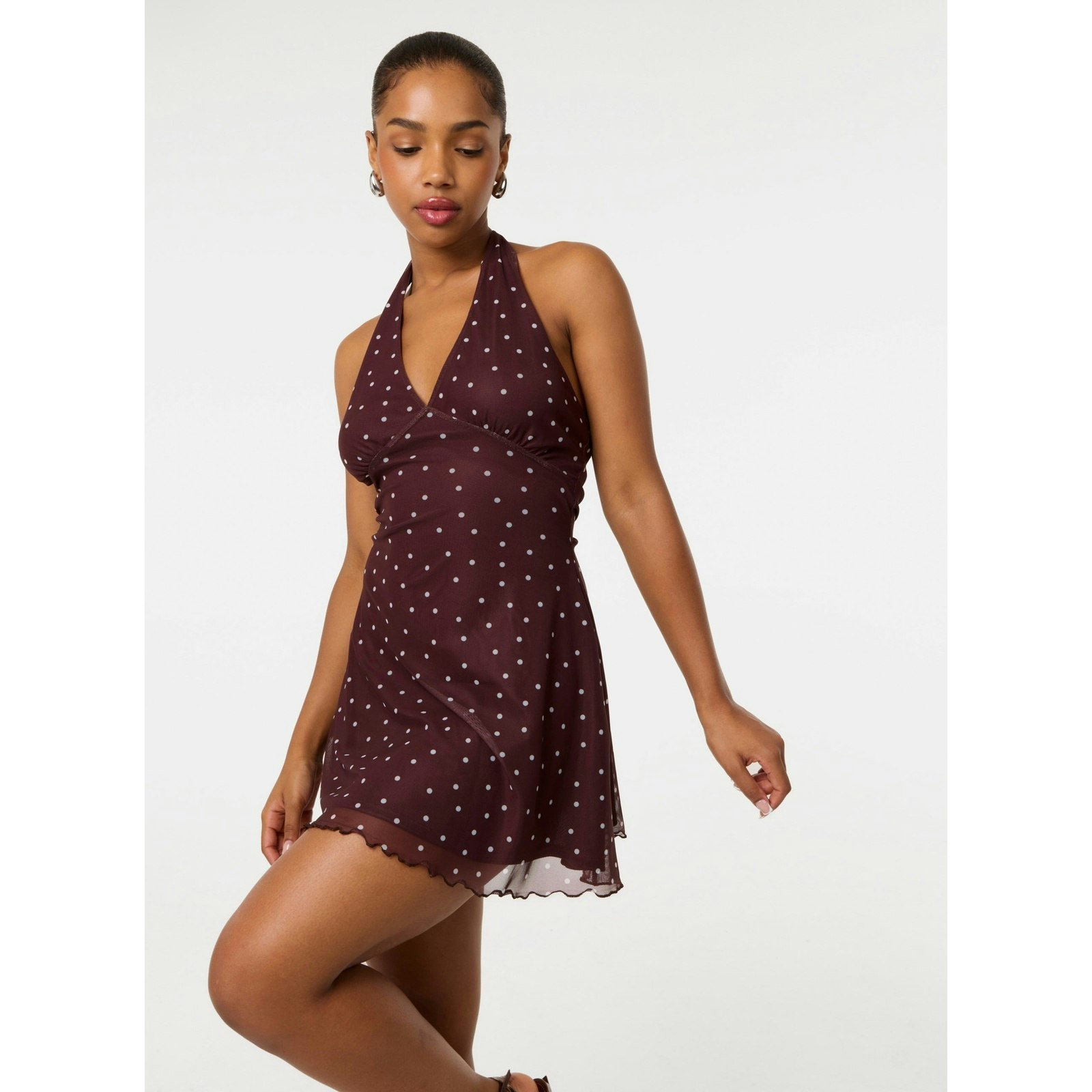 Pink Vanilla Pink/Brown Vanilla Polka Dot Halter Mini Dress - L