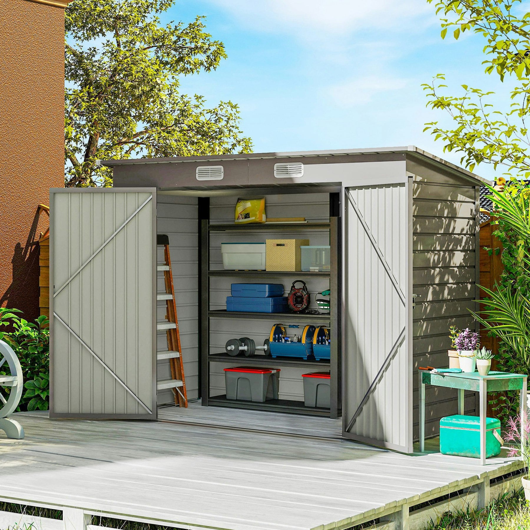 Rackhams Light/Grey 8 X 4Ft Metal Garden Storage Shed With Double Doors,