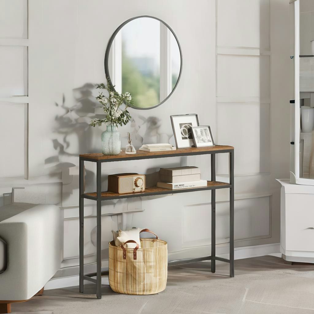 Rafaelo Mobilia Brown Industrial Slim Console Table With 2 Shelves Rustic