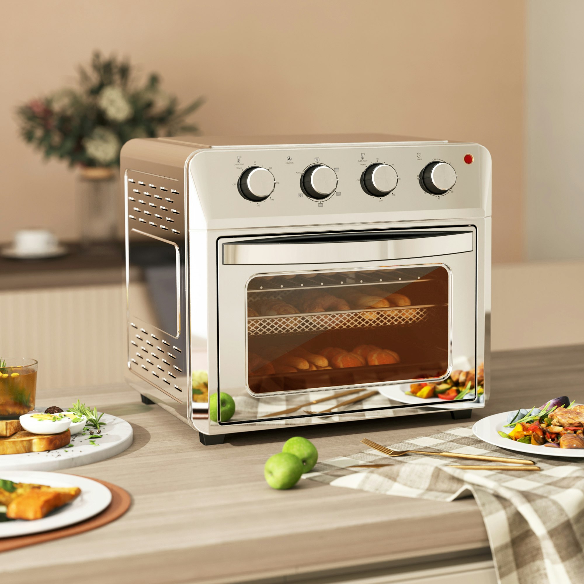 Homcom Silver 24L Air Fryer Oven, Small Electric Oven, Grill, Roast, Bake