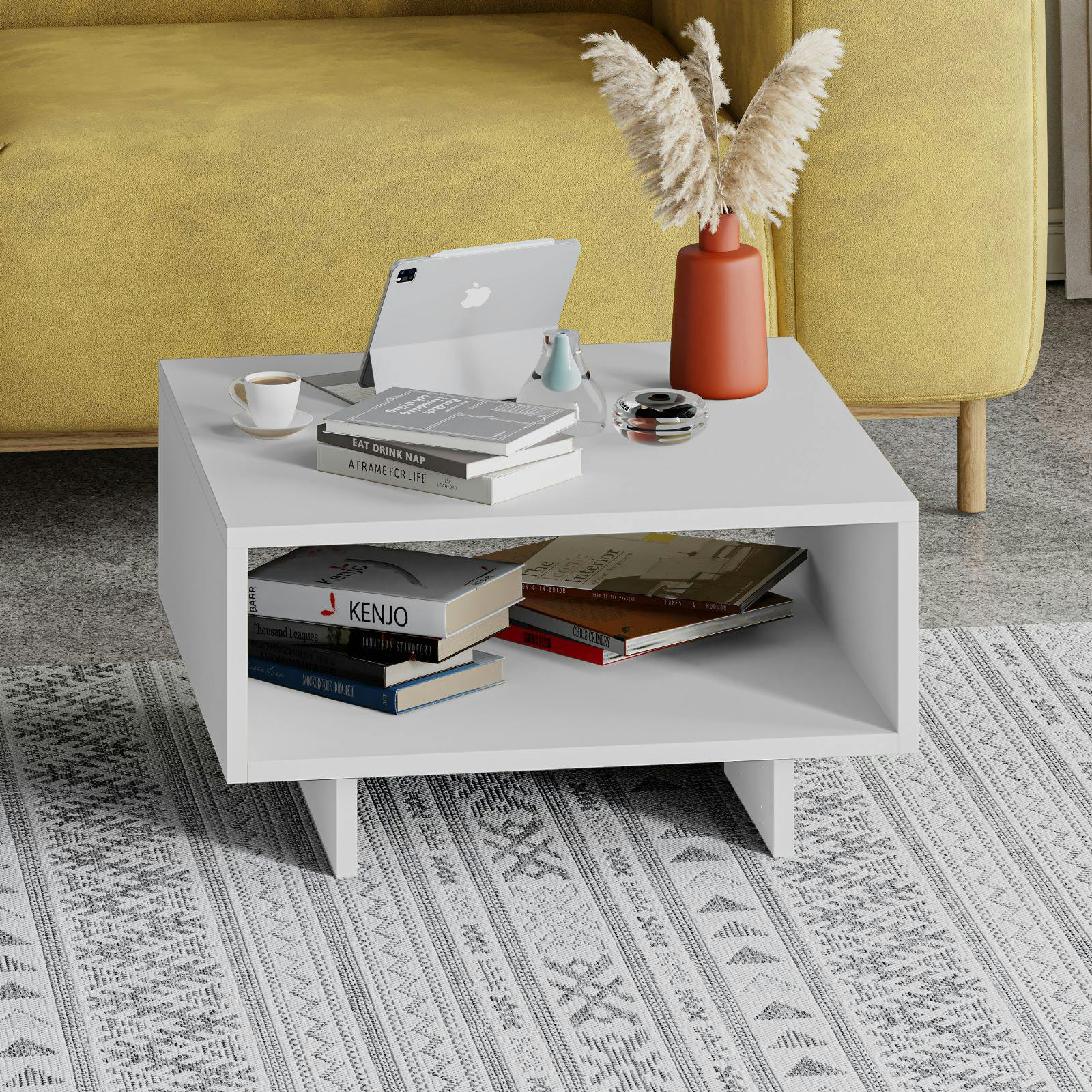 Decortie White Hola Modern Coffee Table Multipurpose Storage Compartment 60X60x32 Cm