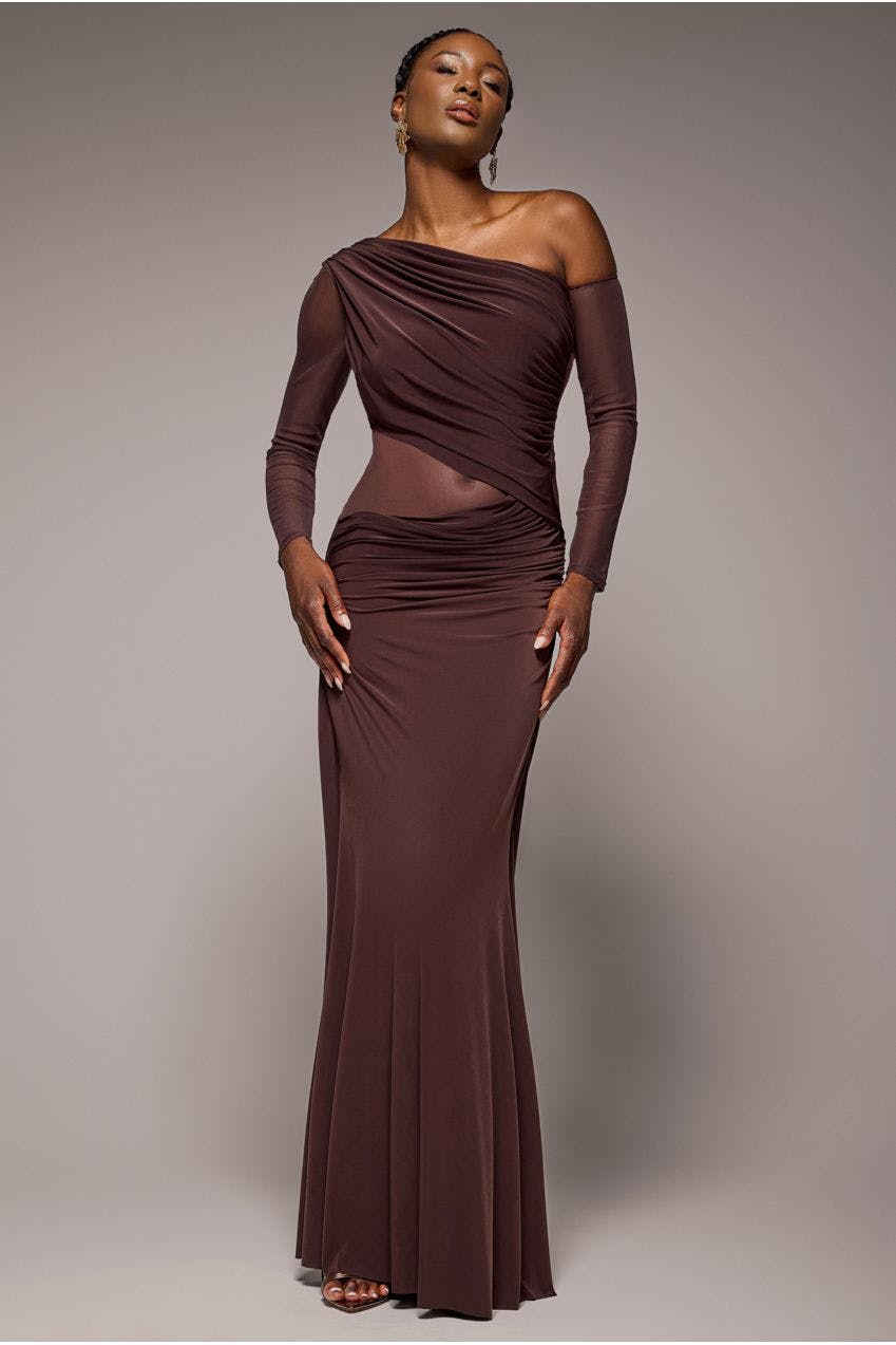 Goddiva Brown Gathered Cowl Asymmetric Mesh And Soft Touch Maxi Dress - By - 6