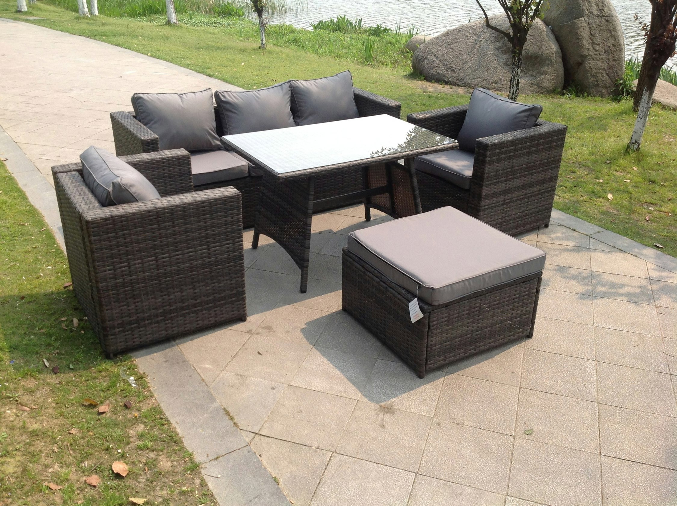 Rackhams Grey Lounge Rattan Sofa Dining Table Set Chairs Garden Furniture Outdoor