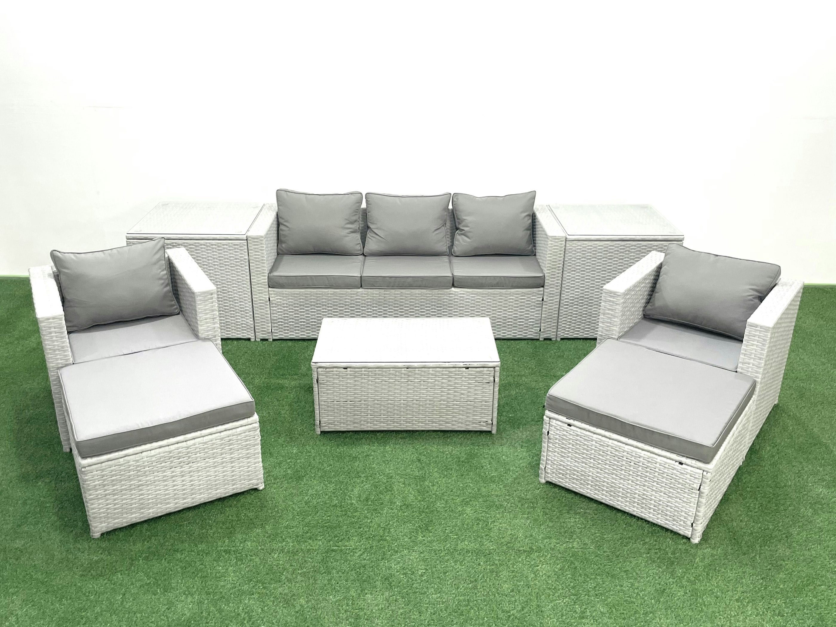 Fimous Light/Grey Rattan Garden Furniture Set With 3 Seater Sofa 2 Chair Rectangular Coffee Table 2 Big Footstools 2 Side Tables Mixed 7 Seater