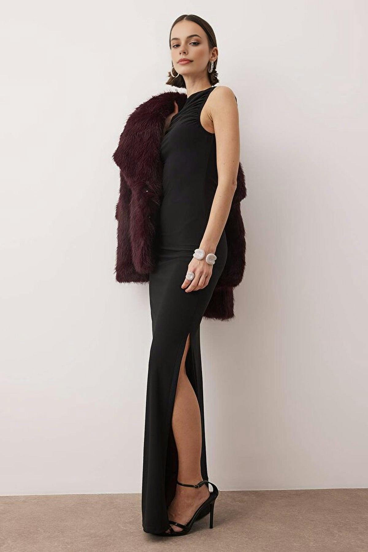 Wovcor Black Elegant Long Knitted Evening Dress With Gathered Neckline Detail - 12